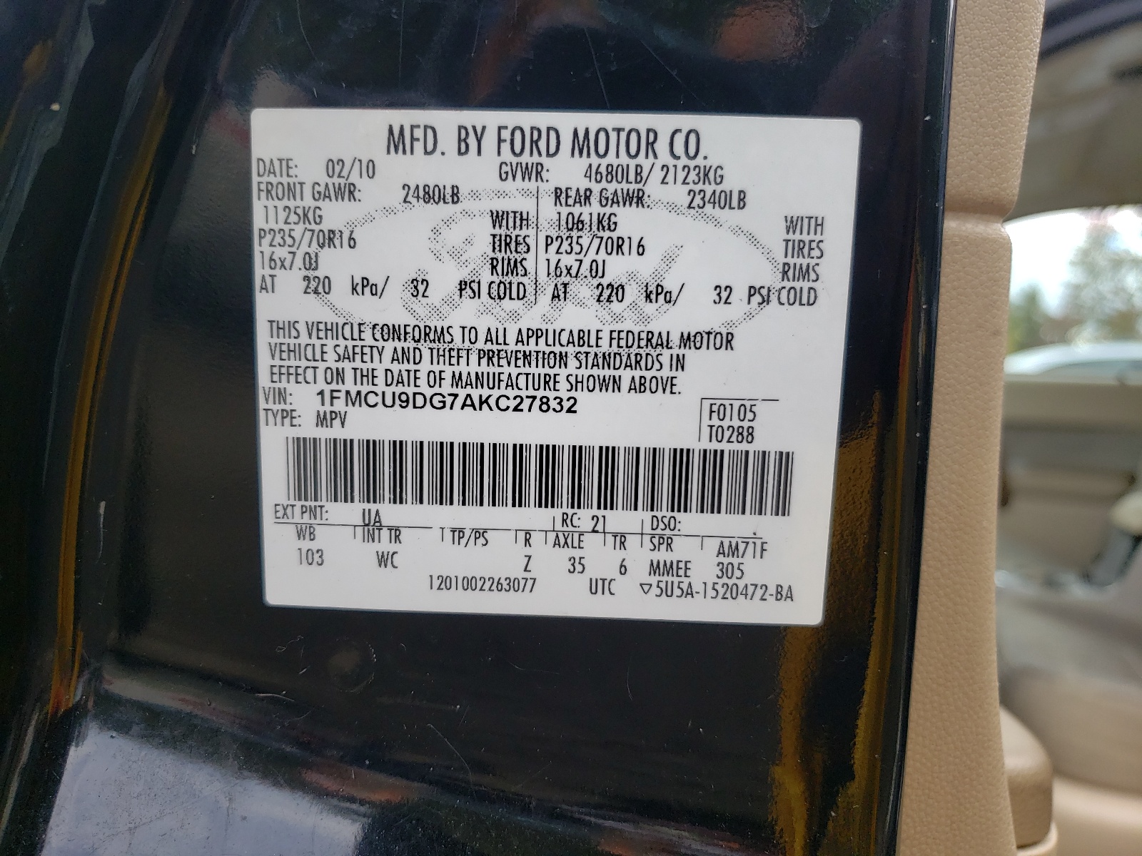 Photo 10 from auction – 2010 FORD ESCAPE XLT with VIN 1FMCU9DG7AKC27832