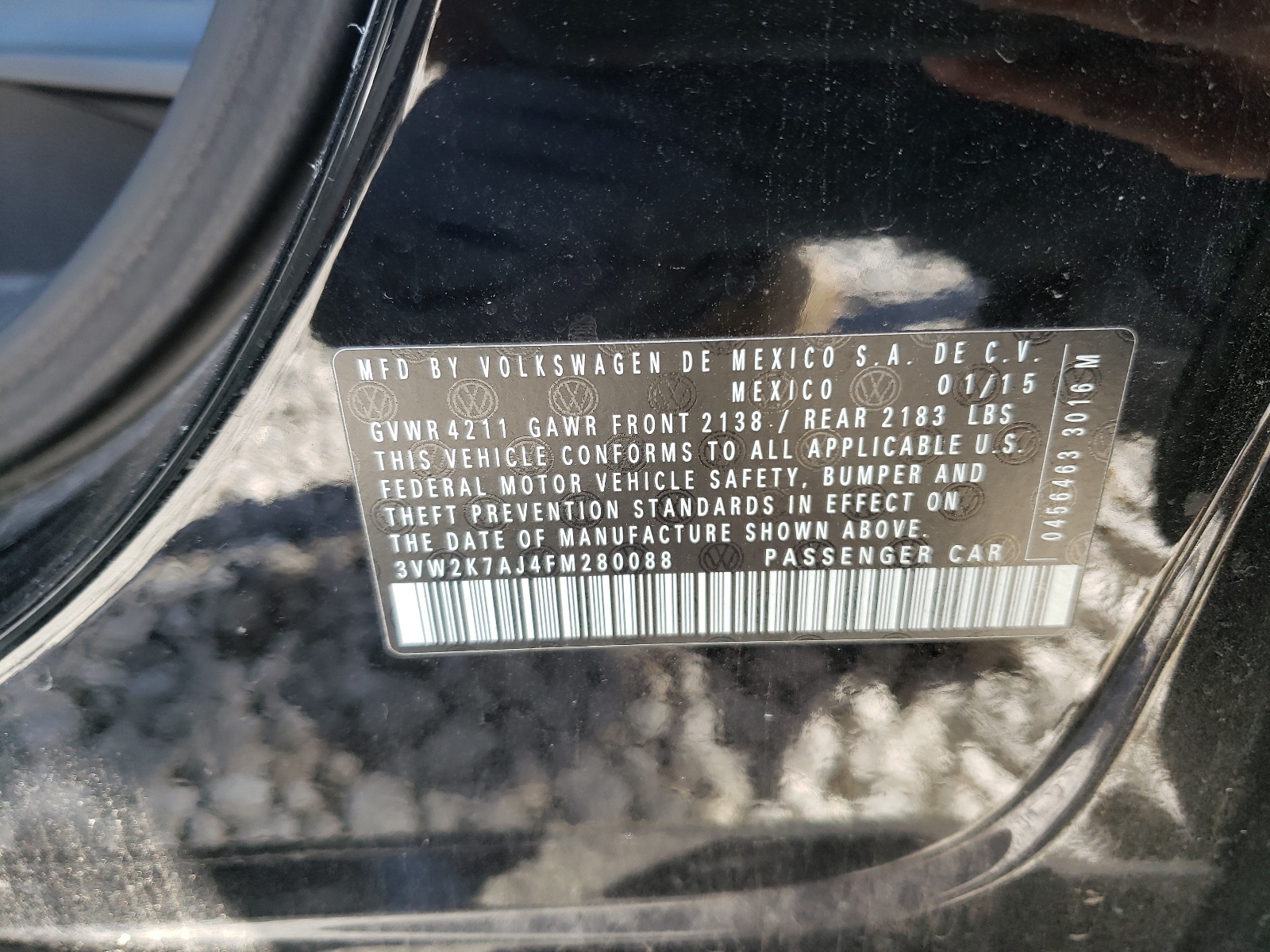 Photo 10 from auction – 2015 VOLKSWAGEN JETTA with VIN 3VW2K7AJ4FM280088