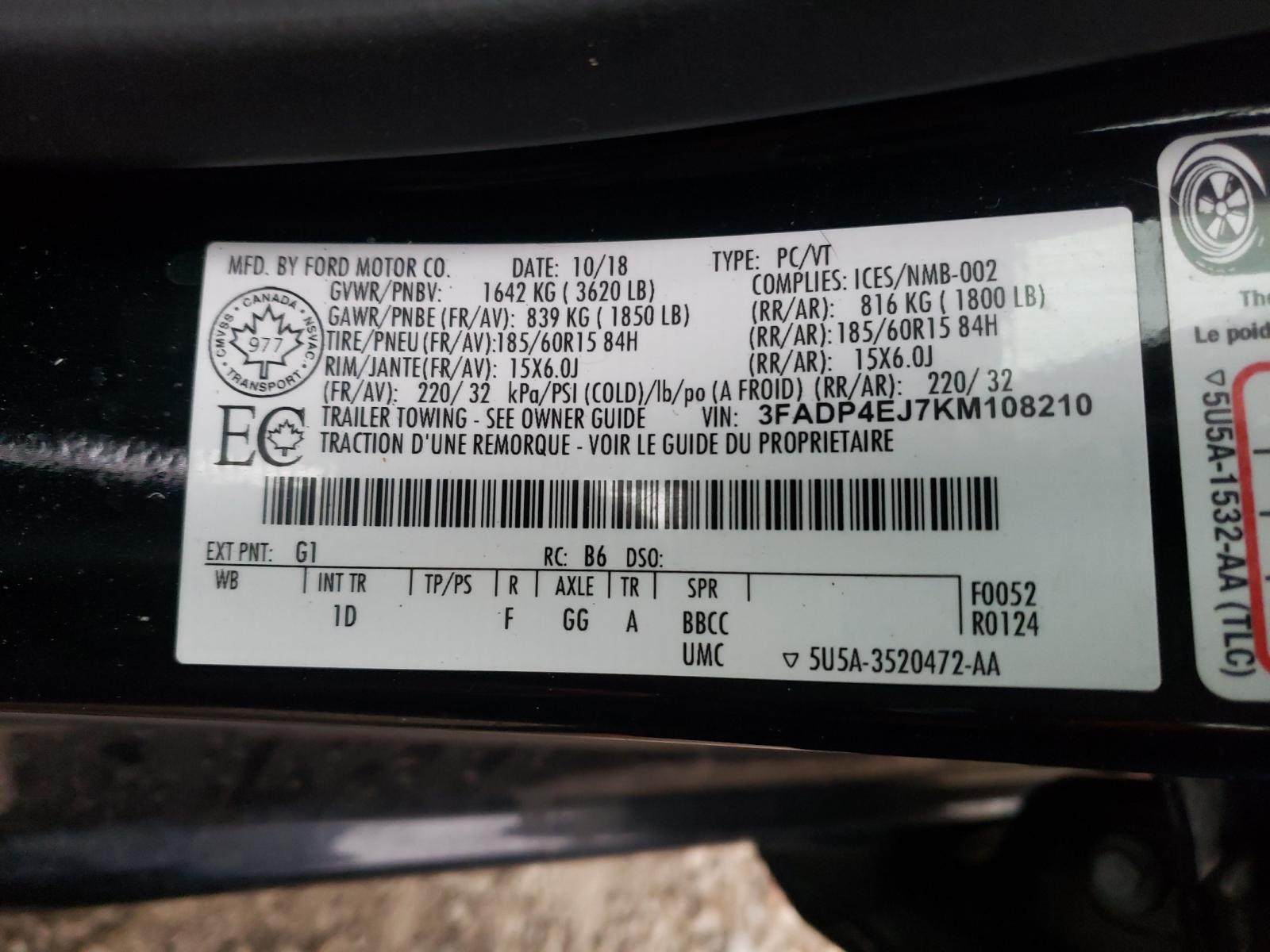 Photo 10 from auction – 2019 FORD FIESTA SE with VIN 3FADP4EJ7KM108210