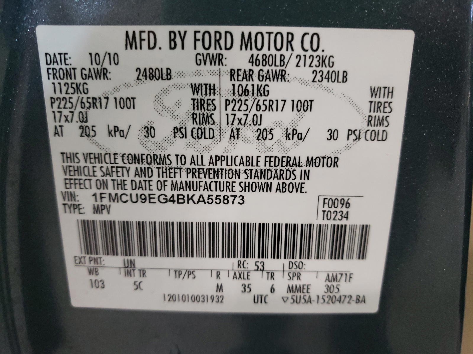 Photo 10 from auction – 2011 FORD ESCAPE LIM with VIN 1FMCU9EG4BKA55873