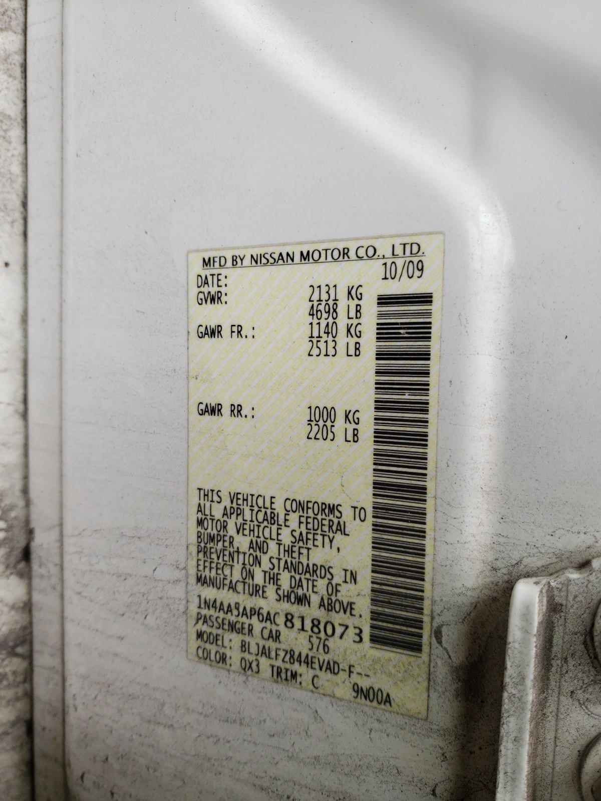 Photo 10 from auction – 2010 NISSAN MAXIMA S with VIN 1N4AA5AP6AC818073