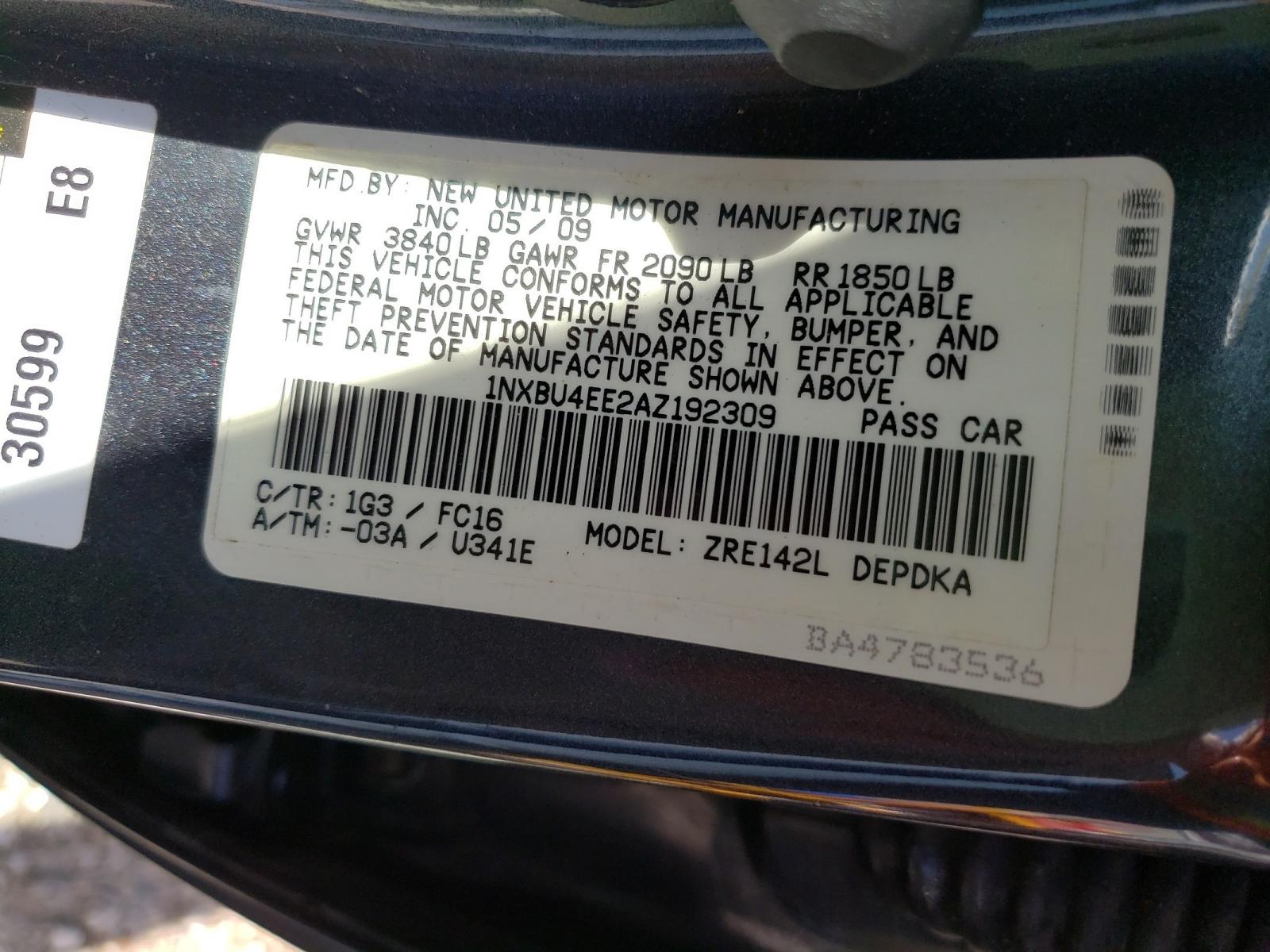 Photo 10 from auction – 2010 TOYOTA COROLLA BA with VIN 1NXBU4EE2AZ192309