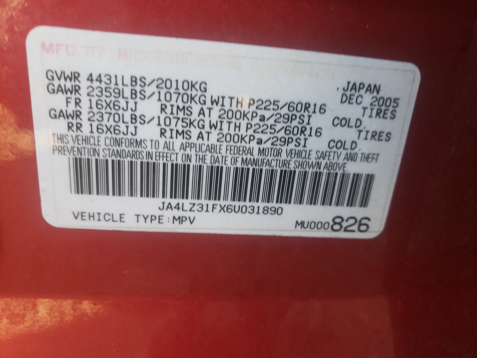 Photo 10 from auction – 2006 MITSUBISHI OUTLANDER with VIN JA4LZ31FX6U031890