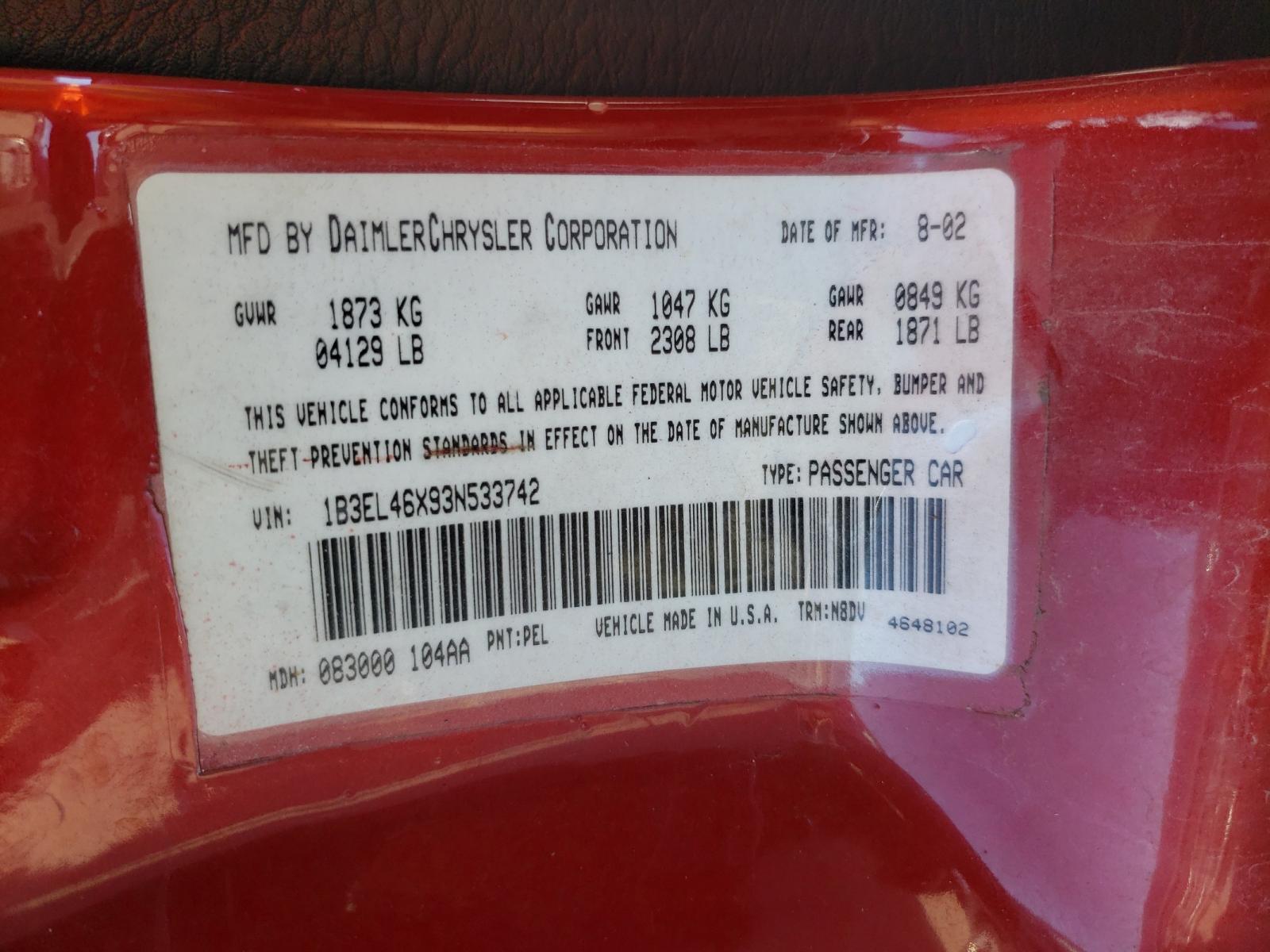 Photo 10 from auction – 2003 DODGE STRATUS SE with VIN 1B3EL46X93N533742