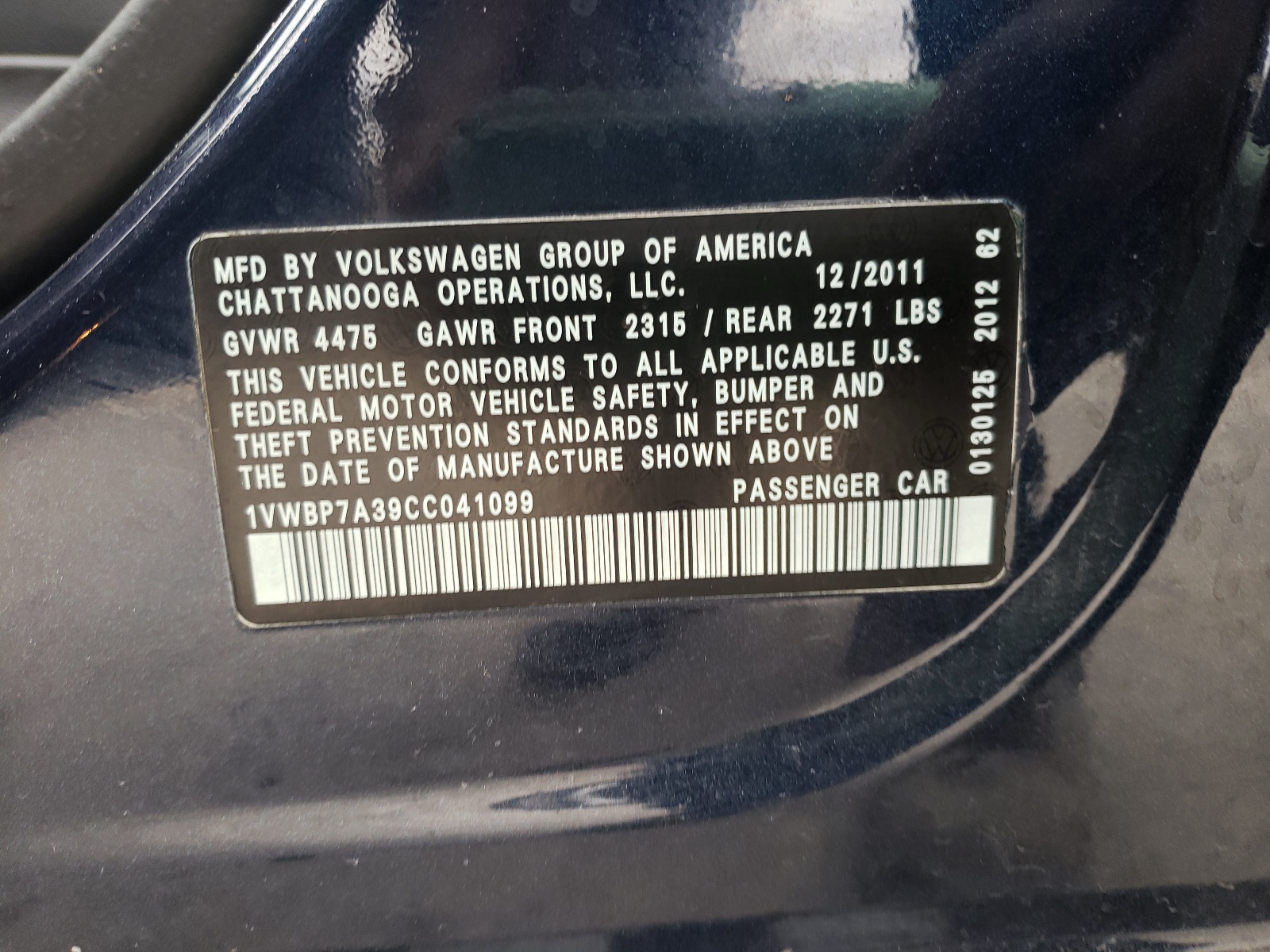 Photo 10 from auction – 2012 VOLKSWAGEN PASSAT SE with VIN 1VWBP7A39CC041099