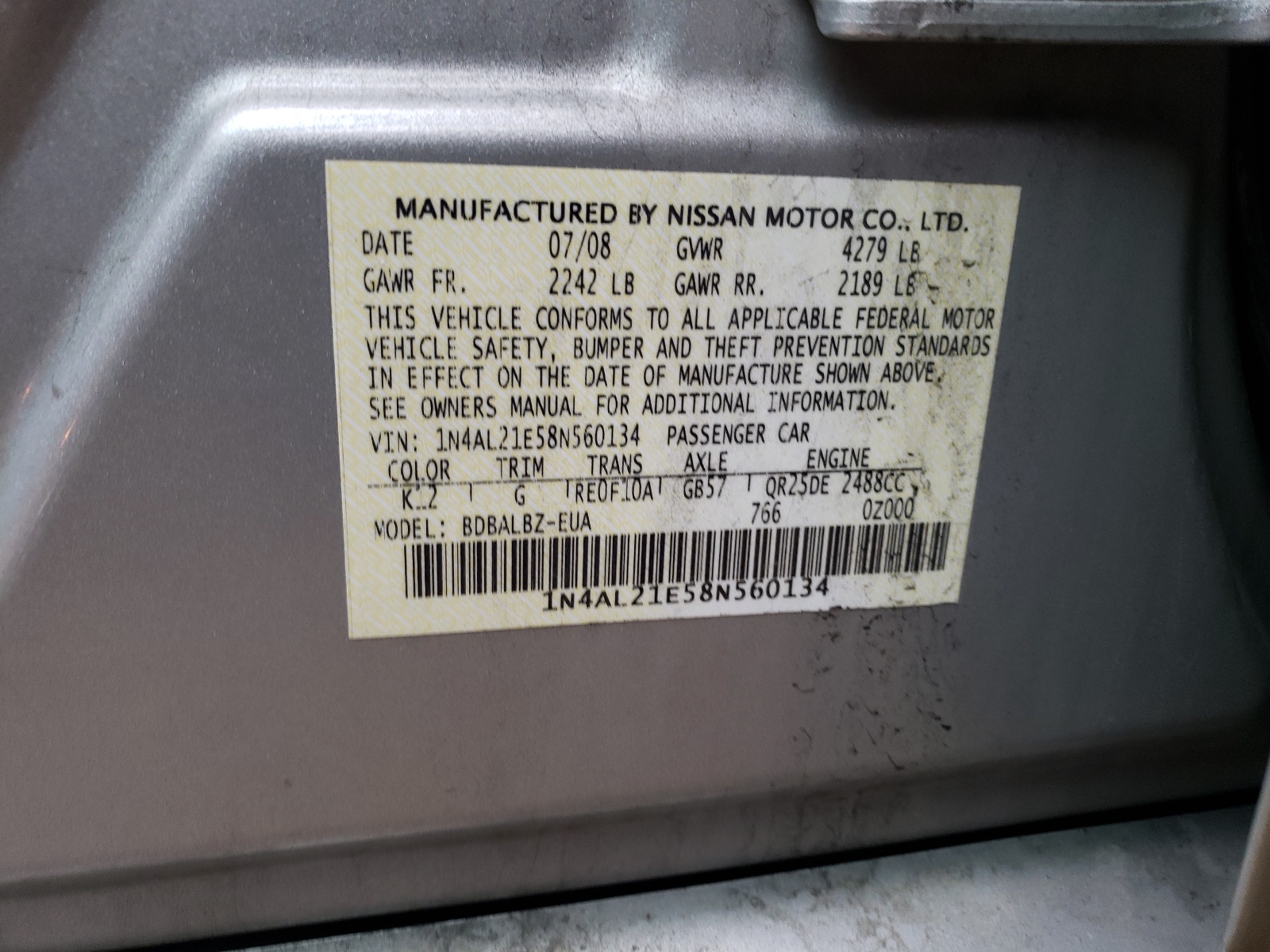Photo 10 from auction – 2008 NISSAN ALTIMA 2.5 with VIN 1N4AL21E58N560134