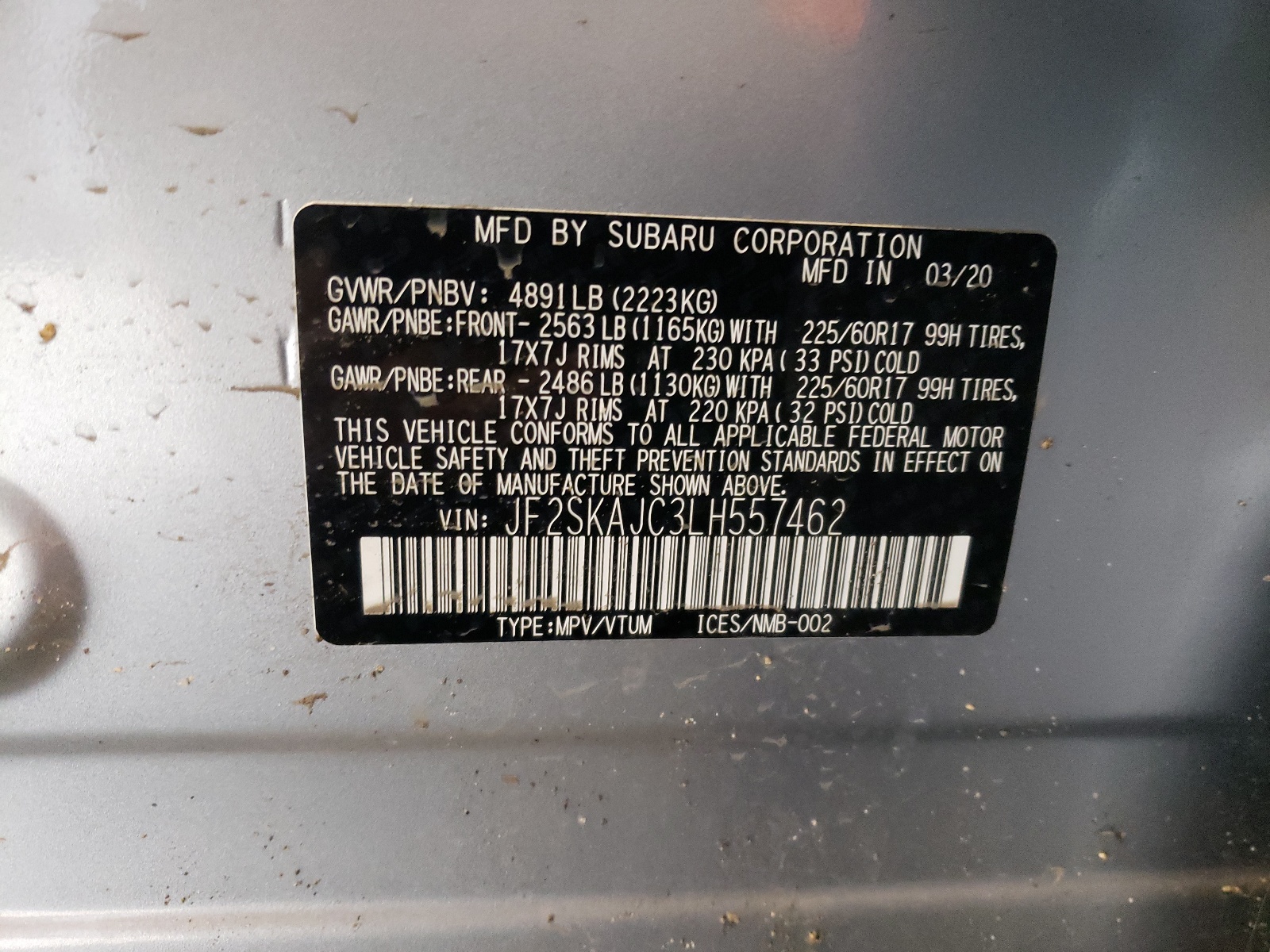 Photo 10 from auction – 2020 SUBARU FORESTER P with VIN JF2SKAJC3LH557462