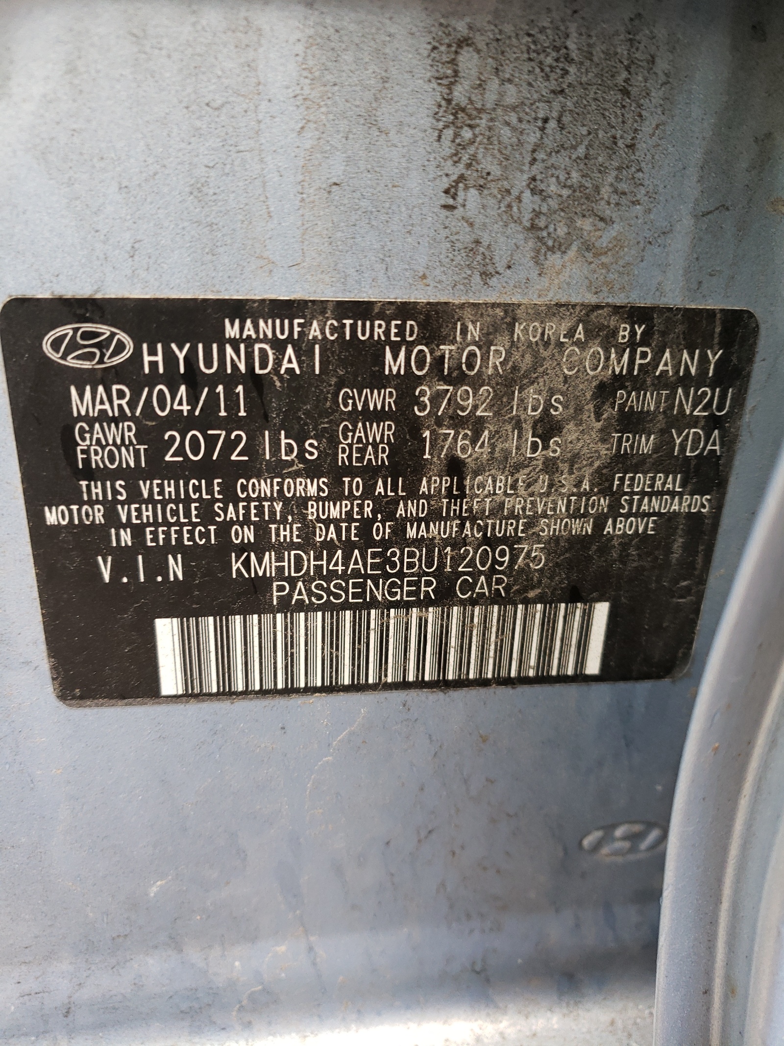 Photo 10 from auction – 2011 HYUNDAI ELANTRA GL with VIN KMHDH4AE3BU120975