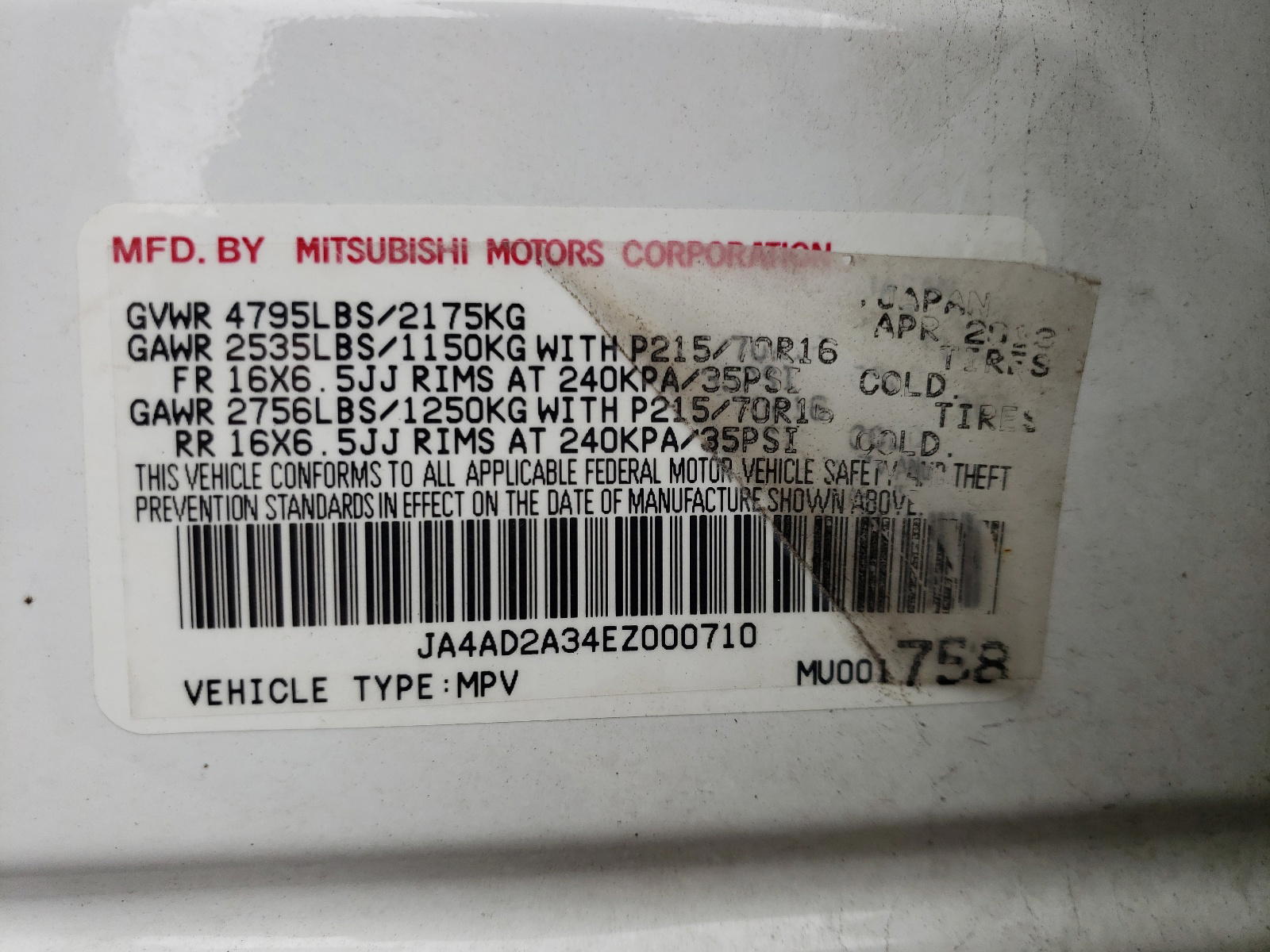 Photo 10 from auction – 2014 MITSUBISHI OUTLANDER with VIN JA4AD2A34EZ000710