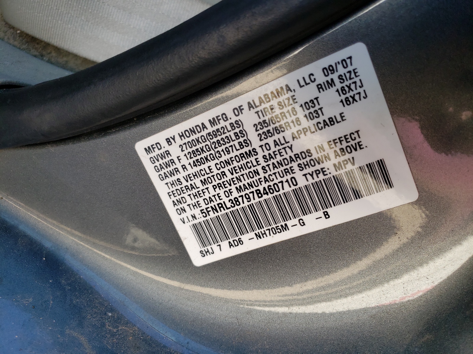 Photo 10 from auction – 2007 HONDA ODYSSEY EX with VIN 5FNRL38797B460710