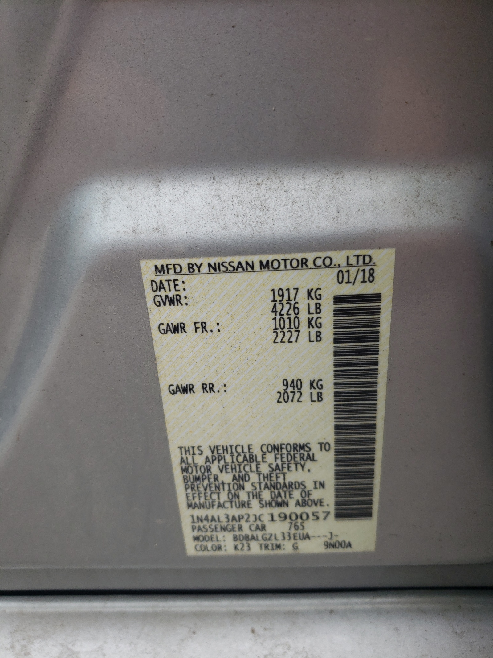 Photo 10 from auction – 2018 NISSAN ALTIMA 2.5 with VIN 1N4AL3AP2JC190057
