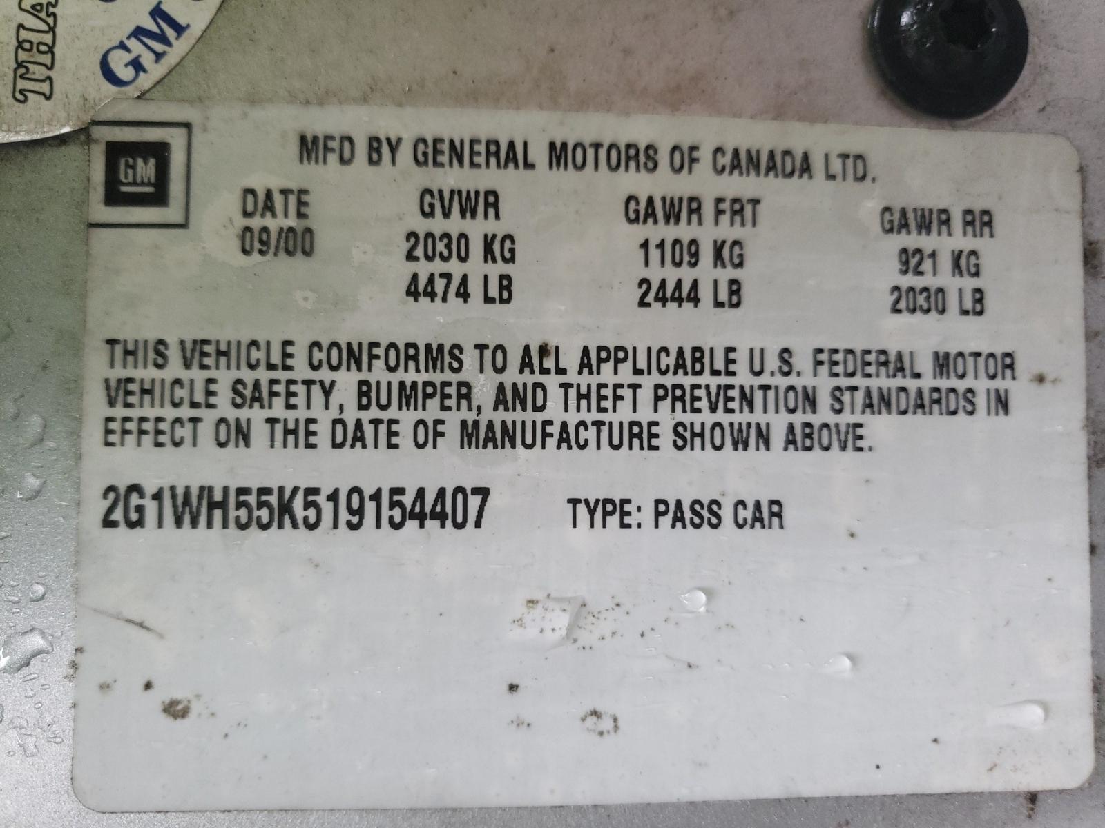 Photo 10 from auction – 2001 CHEVROLET IMPALA LS with VIN 2G1WH55K519154407