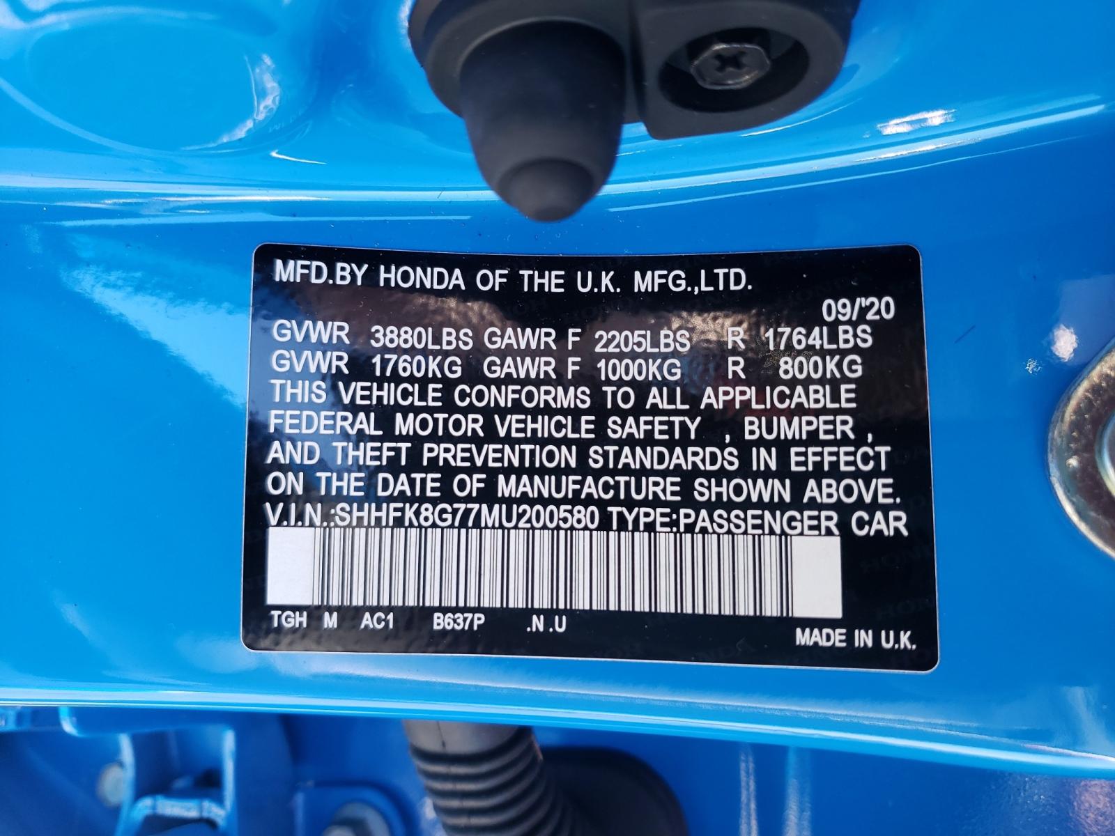 Photo 10 from auction – 2021 HONDA CIVIC TYPE with VIN SHHFK8G77MU200580