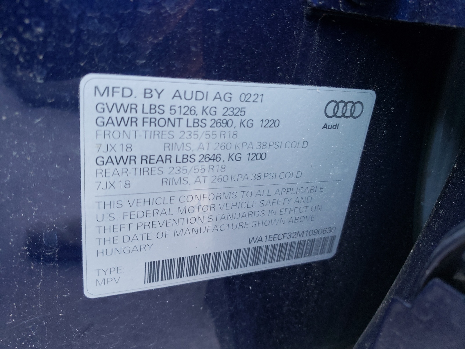 Photo 10 from auction – 2021 AUDI Q3 PREMIUM with VIN WA1EECF32M1090630