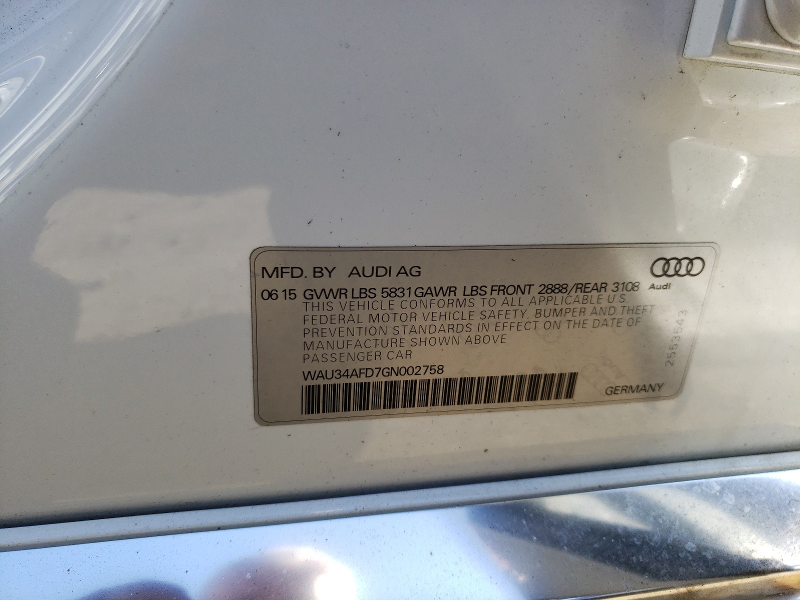 Photo 10 from auction – 2016 AUDI A8 L QUATT with VIN WAU34AFD7GN002758