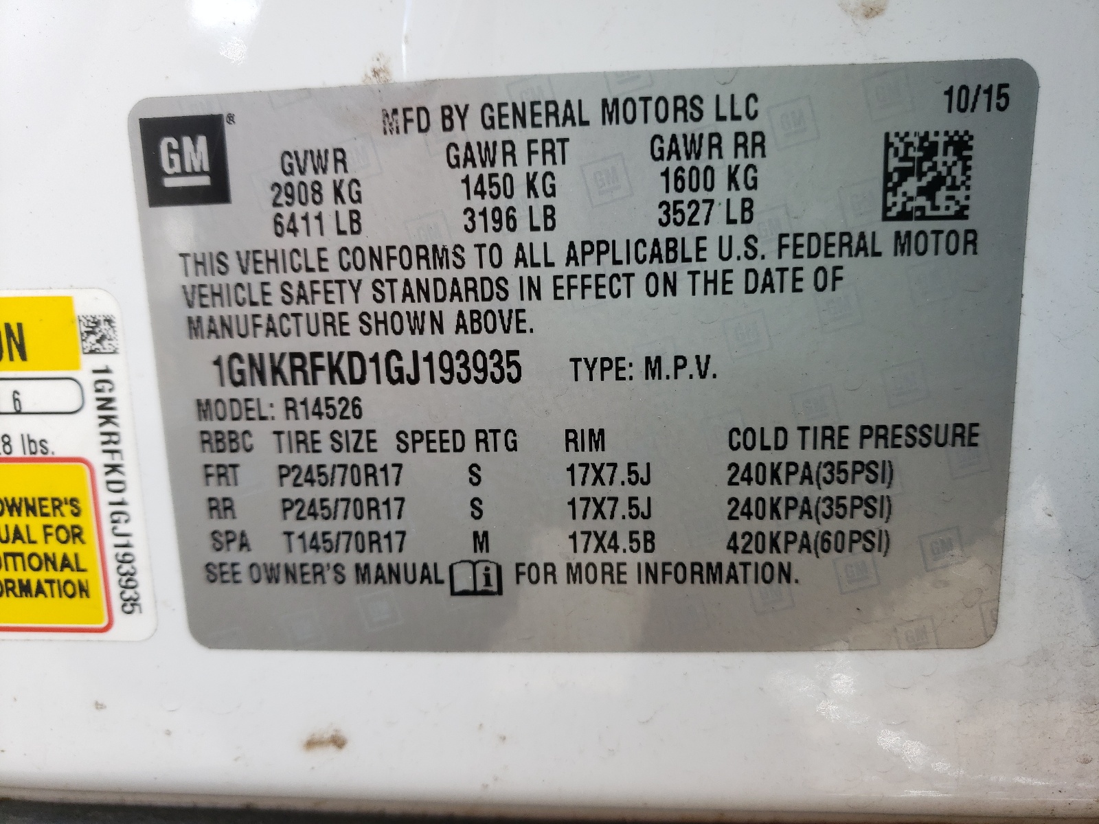 Photo 10 from auction – 2016 CHEVROLET TRAVERSE L with VIN 1GNKRFKD1GJ193935
