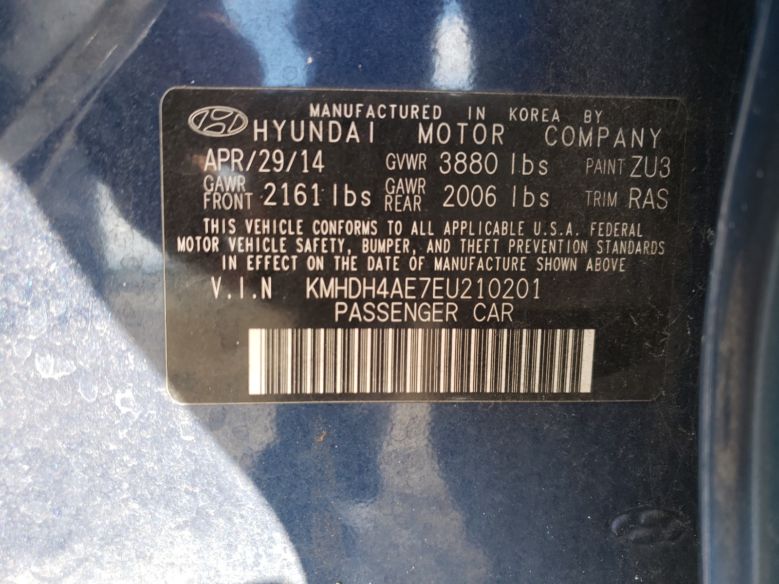 Photo 10 from auction – 2014 HYUNDAI ELANTRA SE with VIN KMHDH4AE7EU210201