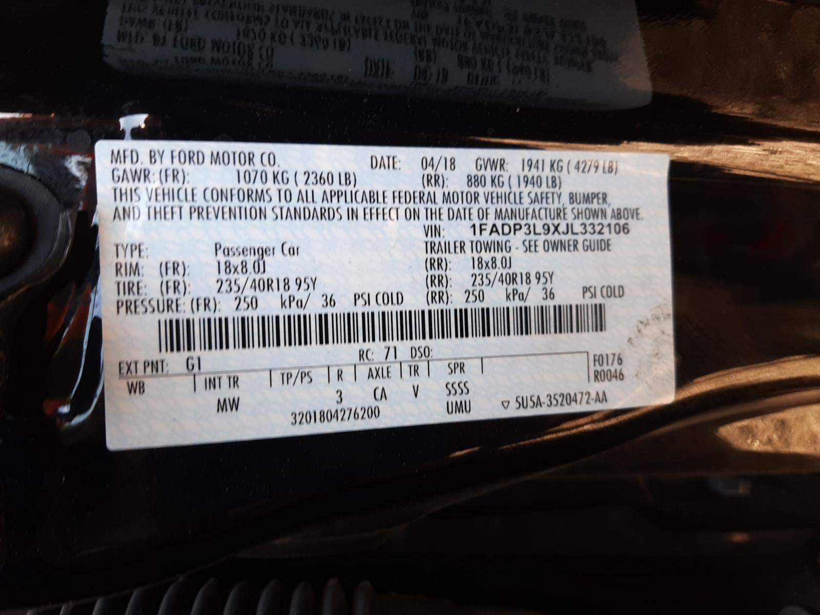 Photo 10 from auction – 2018 FORD FOCUS ST with VIN 1FADP3L9XJL332106