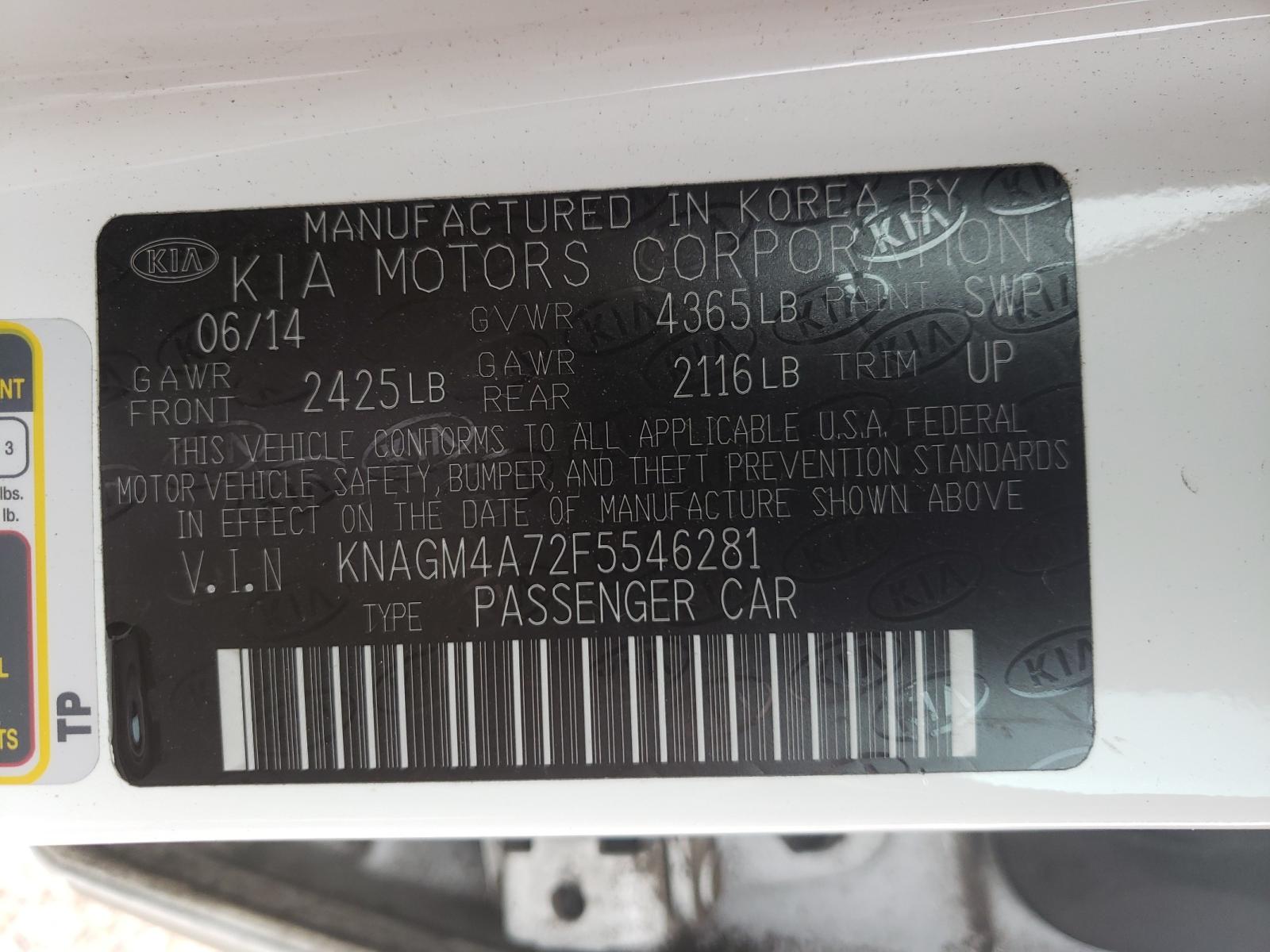 Photo 10 from auction – 2015 KIA OPTIMA LX with VIN KNAGM4A72F5546281