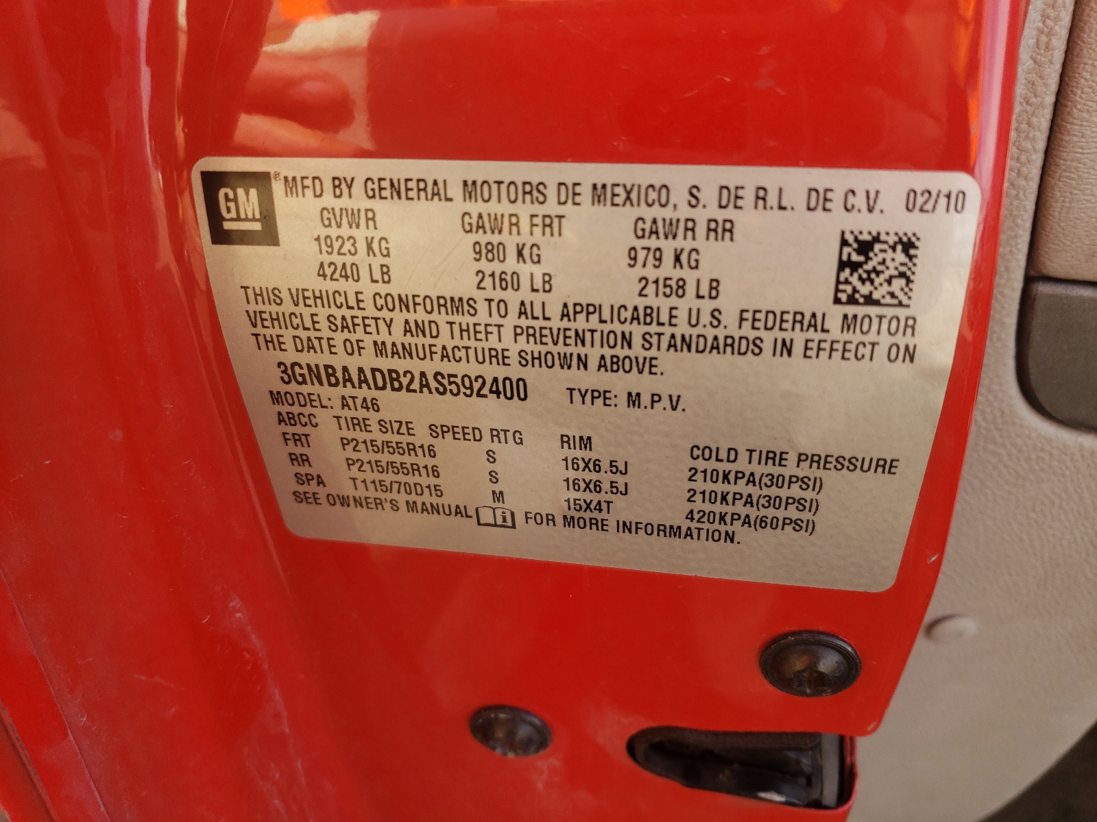 Photo 10 from auction – 2010 CHEVROLET HHR LS with VIN 3GNBAADB2AS592400