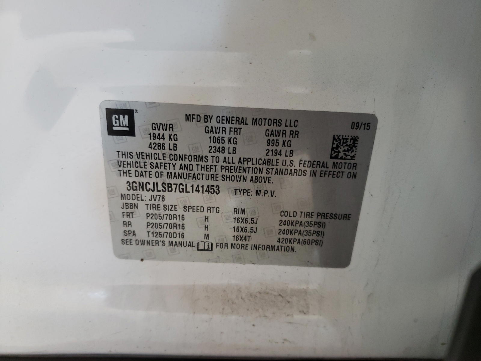 Photo 10 from auction – 2016 CHEVROLET TRAX 1LT with VIN 3GNCJLSB7GL141453
