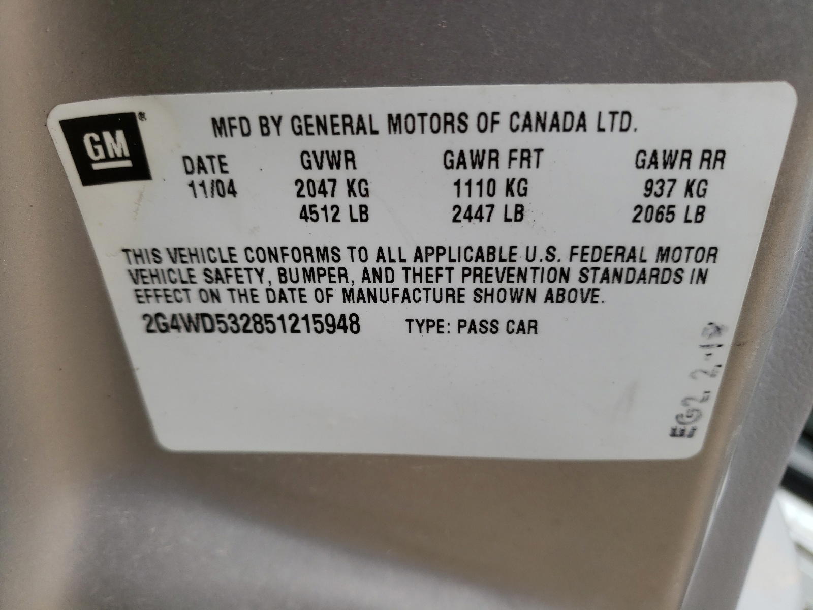 Photo 10 from auction – 2005 BUICK LACROSSE C with VIN 2G4WD532851215948