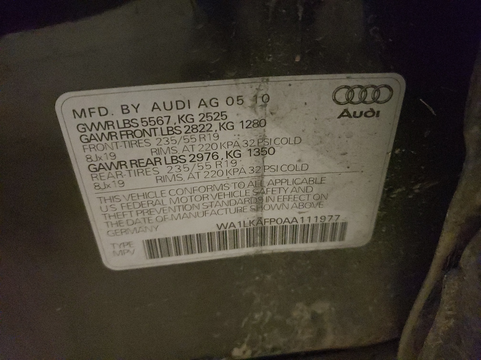 Photo 10 from auction – 2010 AUDI Q5 PREMIUM with VIN WA1LKAFP0AA111977