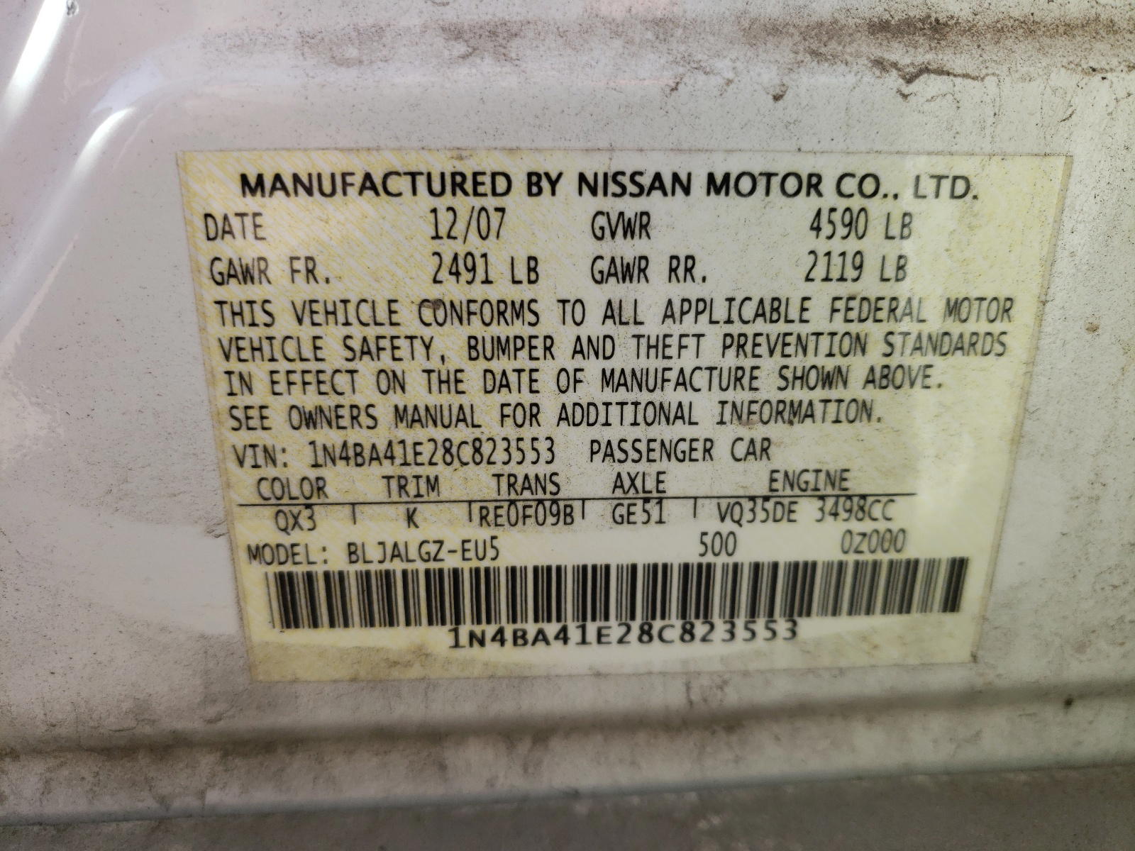 Photo 10 from auction – 2008 NISSAN MAXIMA SE with VIN 1N4BA41E28C823553