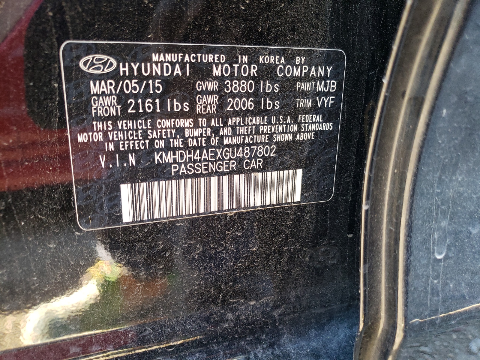 Photo 10 from auction – 2016 HYUNDAI ELANTRA SE with VIN KMHDH4AEXGU487802