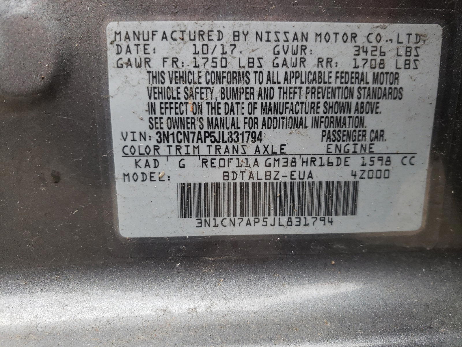 Photo 10 from auction – 2018 NISSAN VERSA with VIN 3N1CN7AP5JL831794