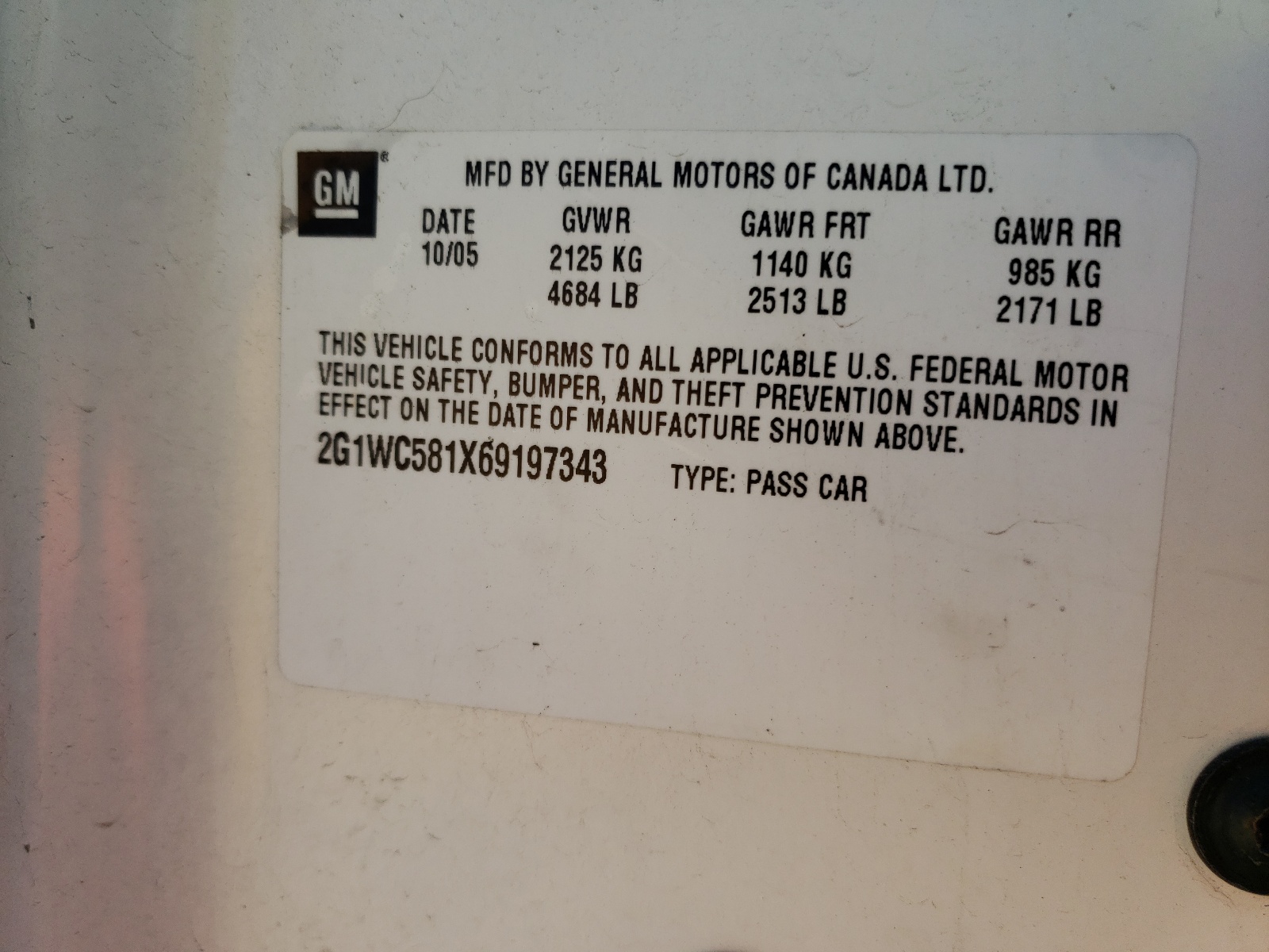 Photo 10 from auction – 2006 CHEVROLET IMPALA LT with VIN 2G1WC581X69197343