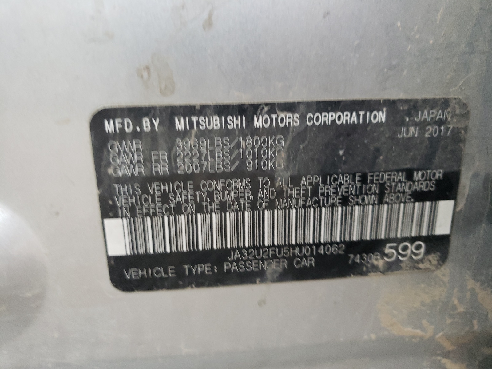 Photo 10 from auction – 2017 MITSUBISHI LANCER ES with VIN JA32U2FU5HU014062