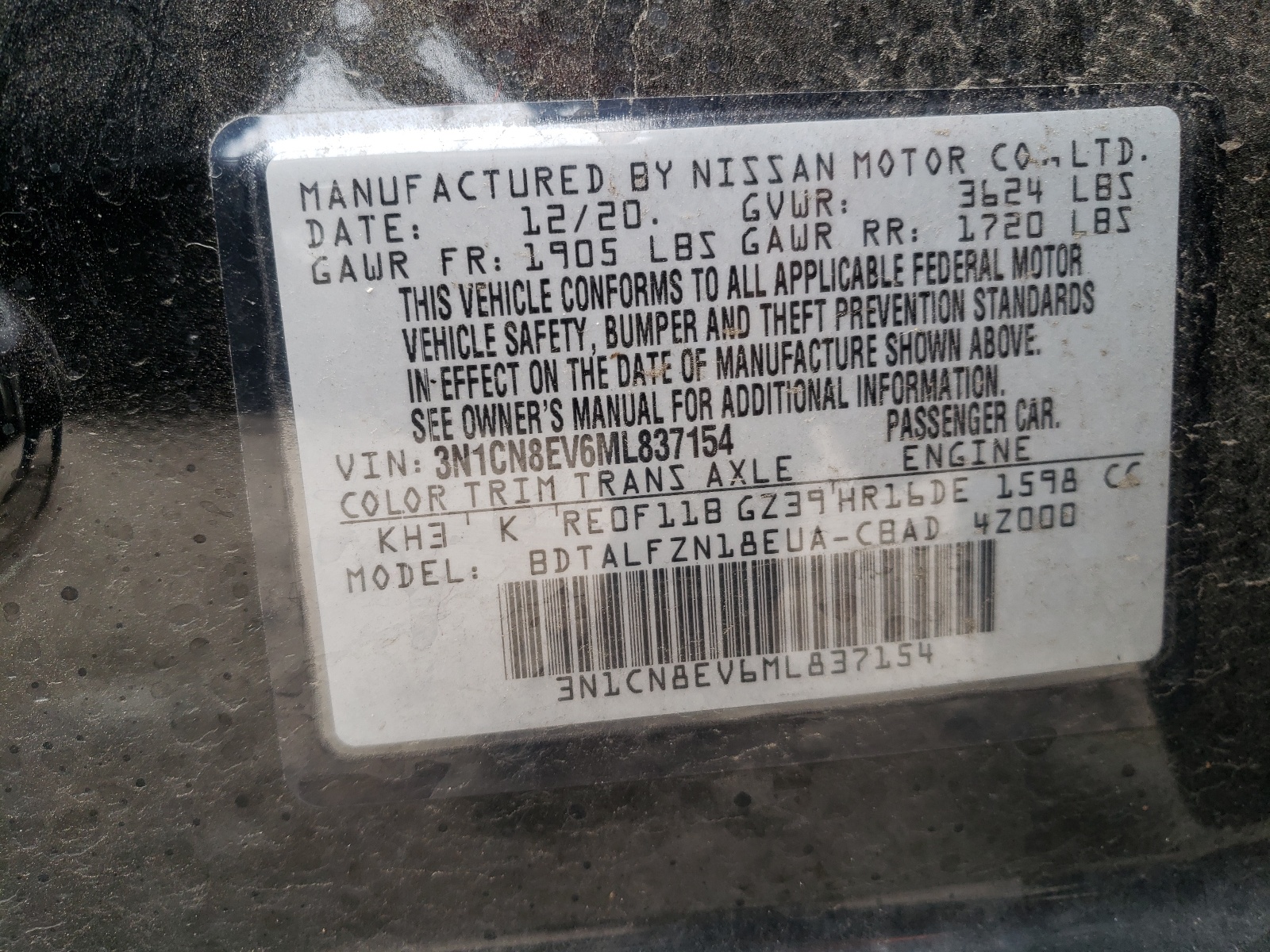 Photo 10 from auction – 2021 NISSAN VERSA SV with VIN 3N1CN8EV6ML837154