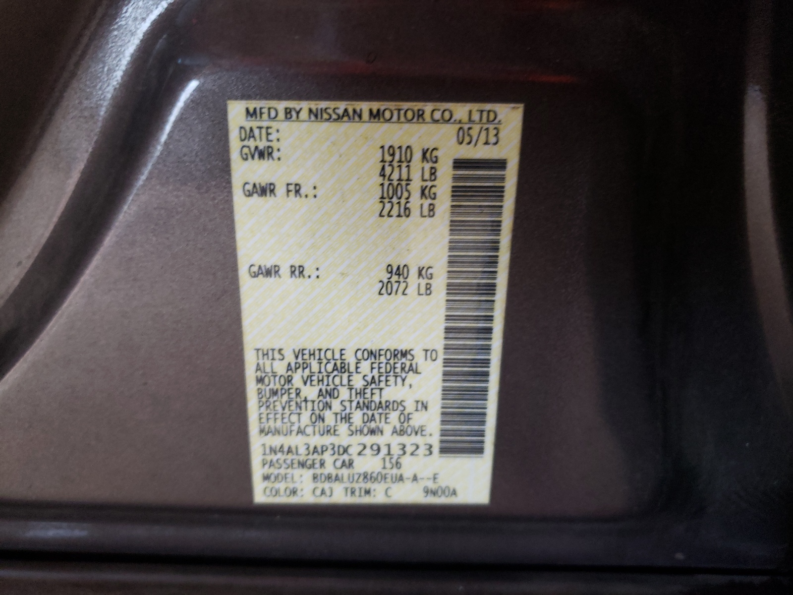 Photo 10 from auction – 2013 NISSAN ALTIMA 2.5 with VIN 1N4AL3AP3DC291323