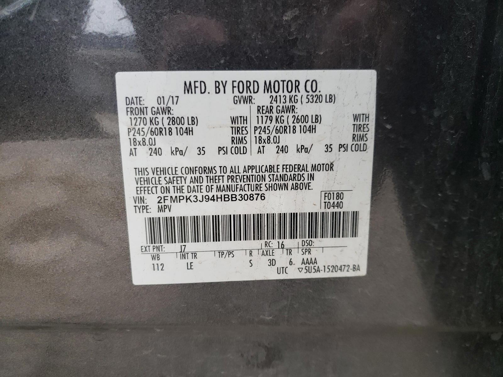 Photo 10 from auction – 2017 FORD EDGE SEL with VIN 2FMPK3J94HBB30876