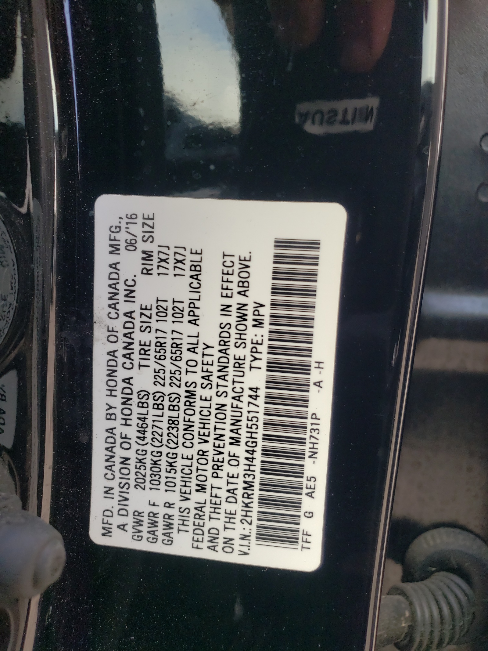 Photo 10 from auction – 2016 HONDA CR-V SE with VIN 2HKRM3H44GH551744