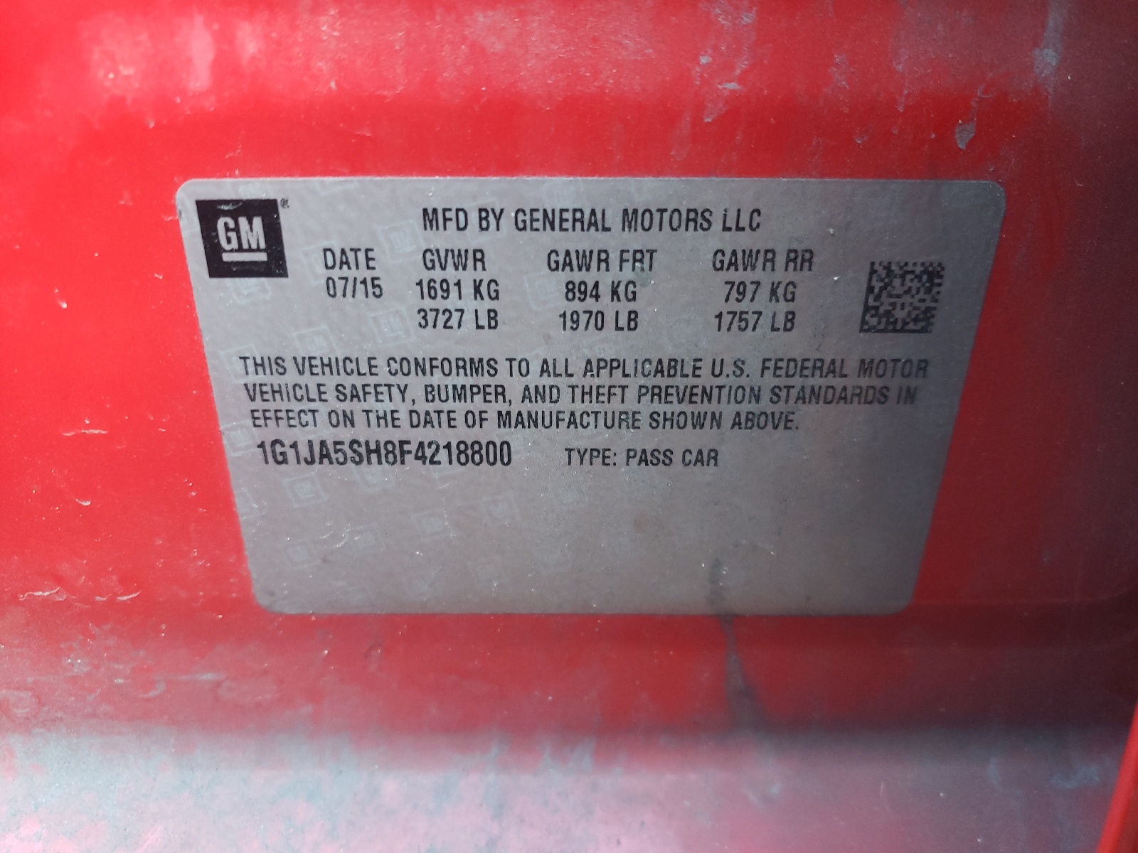 Photo 10 from auction – 2015 CHEVROLET SONIC LS with VIN 1G1JA5SH8F4218800