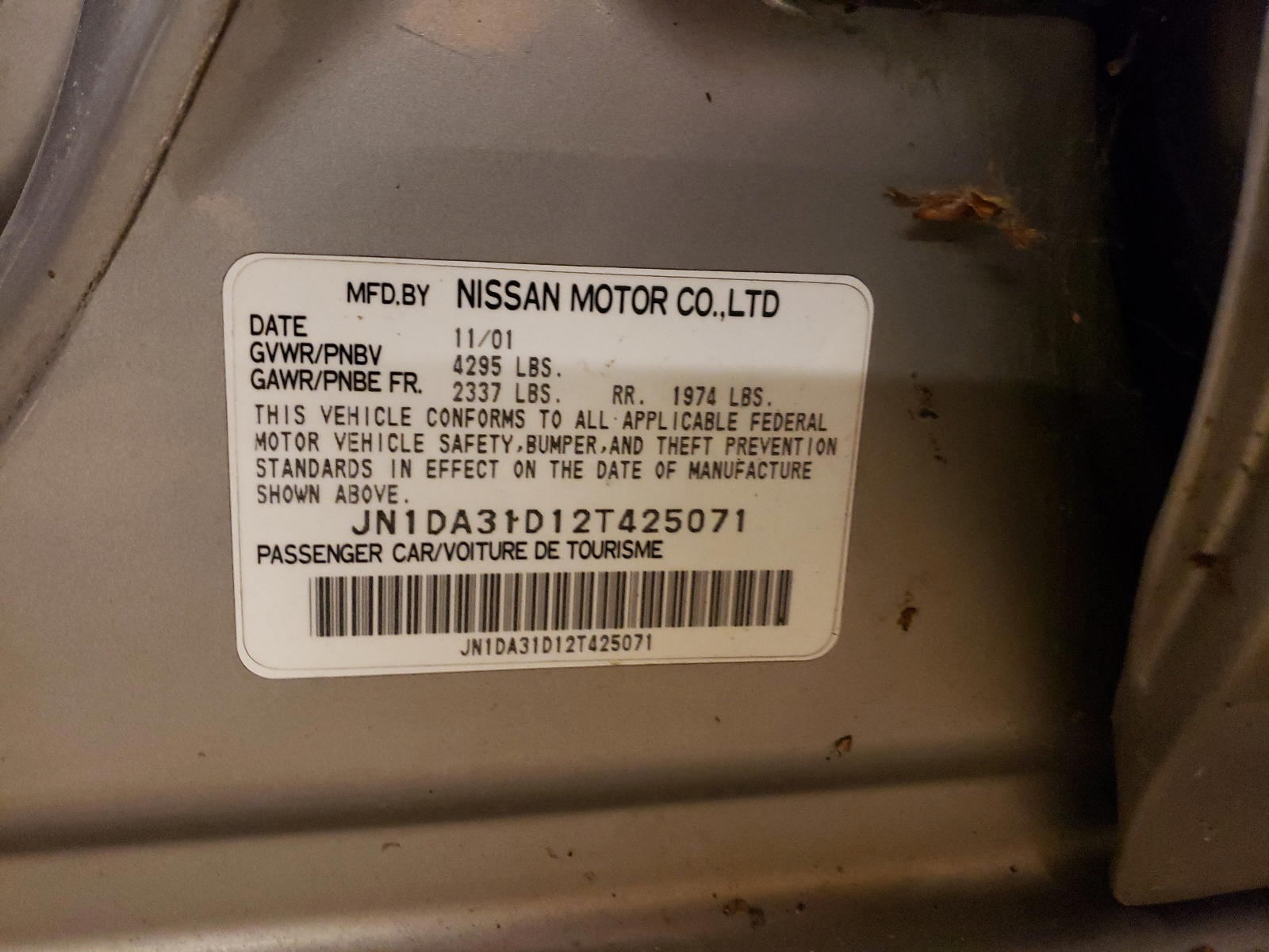 Photo 10 from auction – 2002 NISSAN MAXIMA with VIN JN1DA31D12T425071
