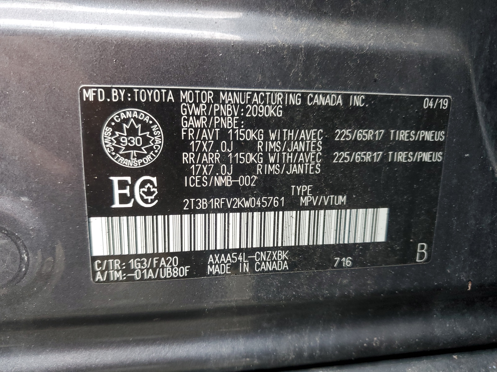 Photo 10 from auction – 2019 TOYOTA RAV4 LE with VIN 2T3B1RFV2KW045761
