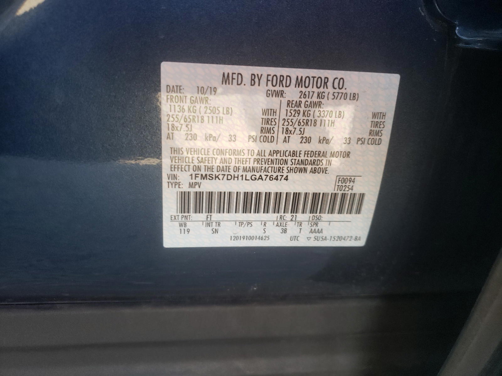 Photo 10 from auction – 2020 FORD EXPLORER X with VIN 1FMSK7DH1LGA76474