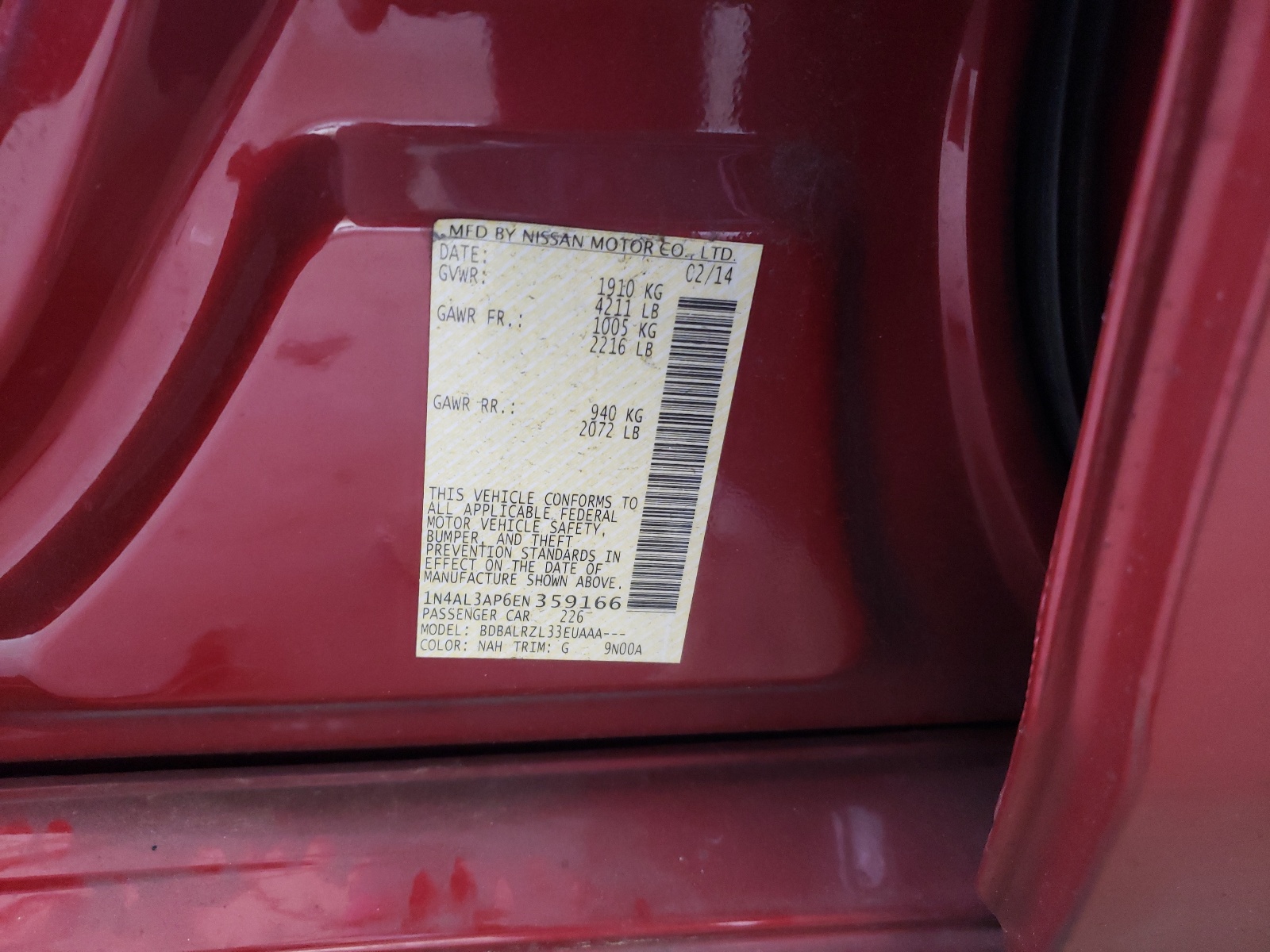 Photo 10 from auction – 2014 NISSAN ALTIMA 2.5 with VIN 1N4AL3AP6EN359166