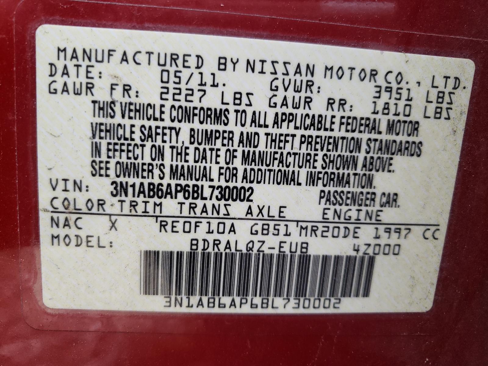 Photo 10 from auction – 2011 NISSAN SENTRA 2.0 with VIN 3N1AB6AP6BL730002