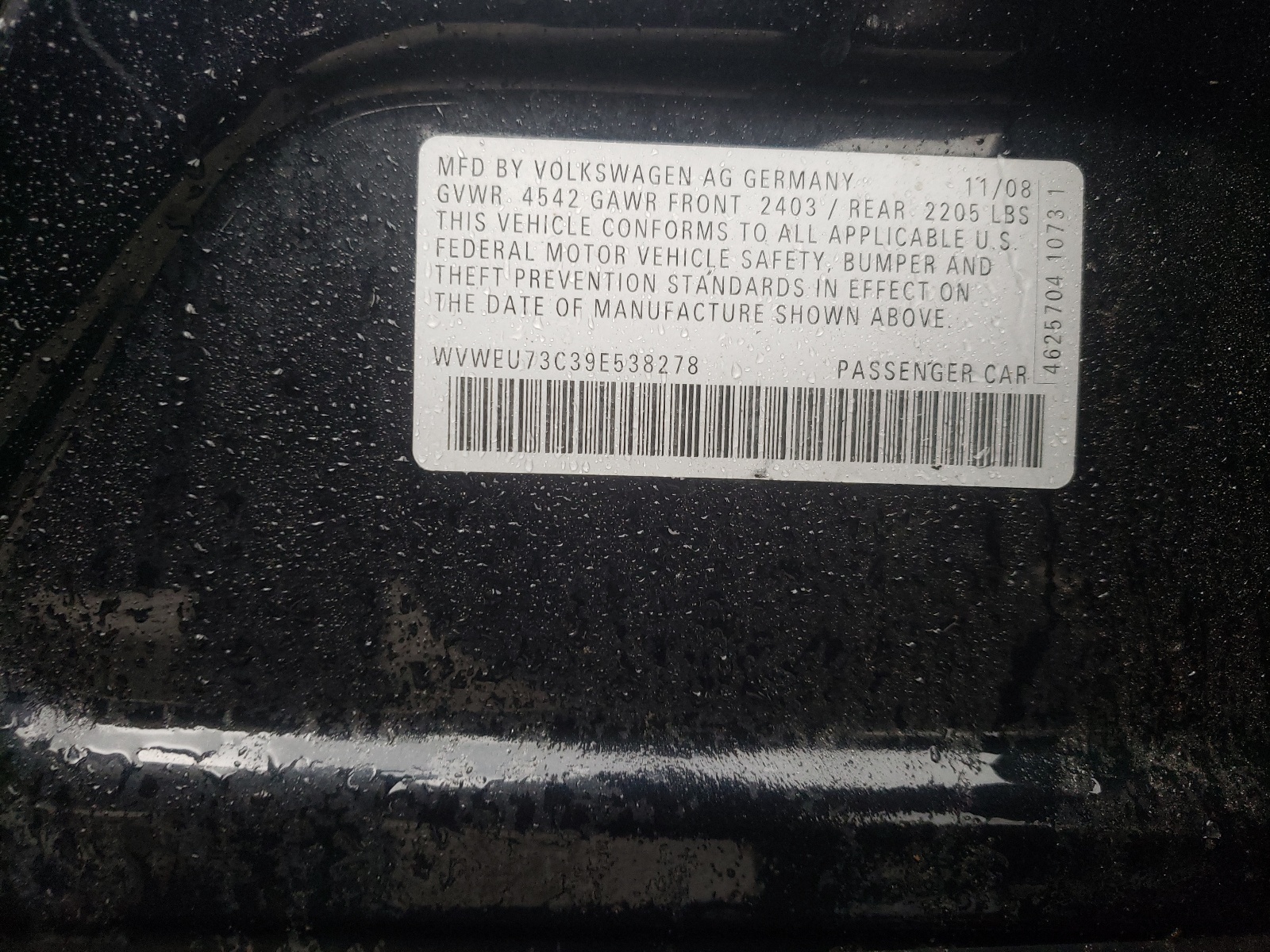 Photo 10 from auction – 2009 VOLKSWAGEN CC with VIN WVWEU73C39E538278