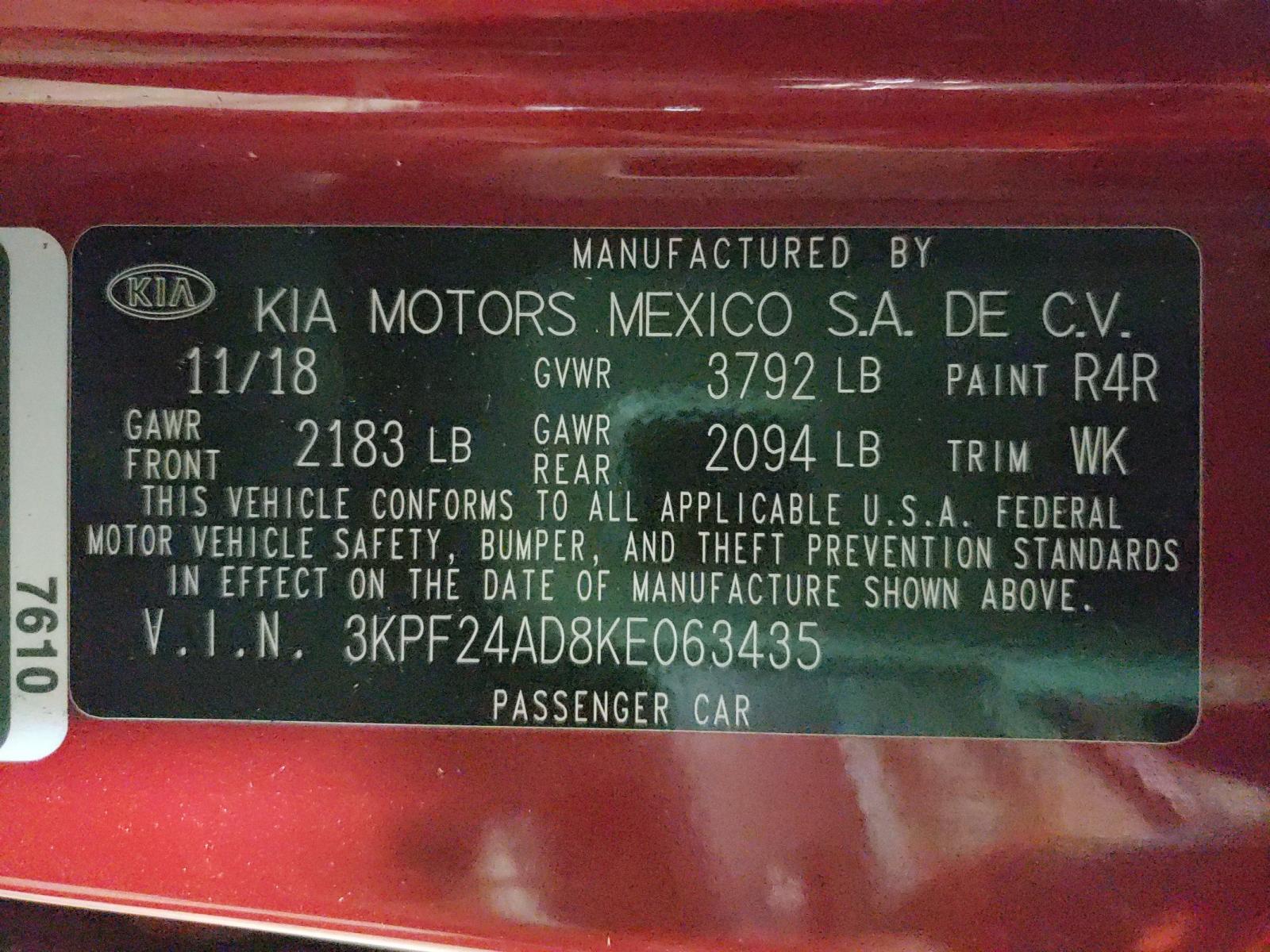 Photo 10 from auction – 2019 KIA FORTE FE with VIN 3KPF24AD8KE063435