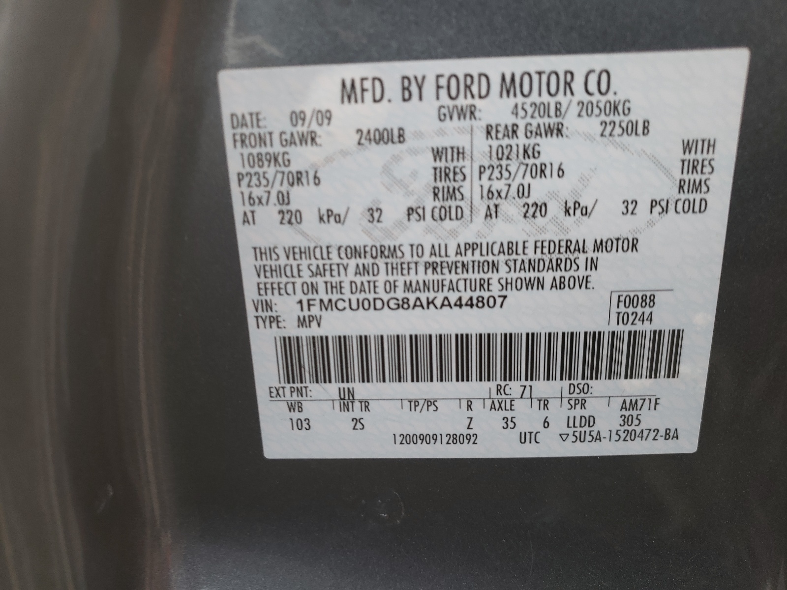 Photo 10 from auction – 2010 FORD ESCAPE XLT with VIN 1FMCU0DG8AKA44807