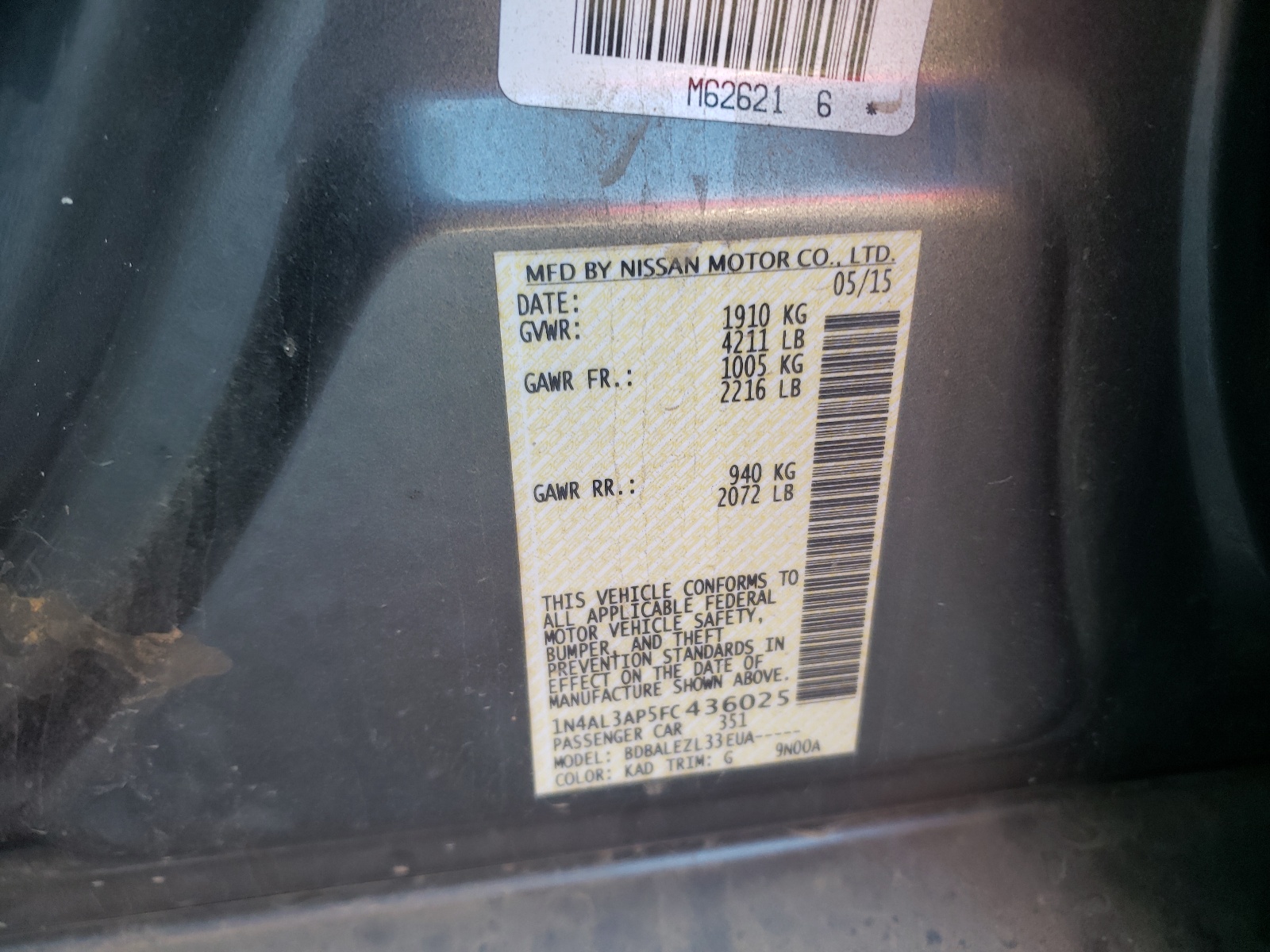 Photo 10 from auction – 2015 NISSAN ALTIMA 2.5 with VIN 1N4AL3AP5FC436025