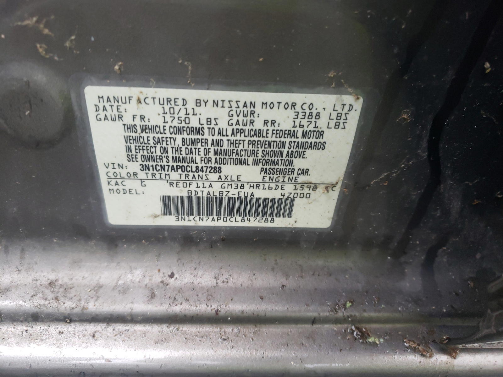 Photo 10 from auction – 2012 NISSAN VERSA with VIN 3N1CN7AP0CL847288