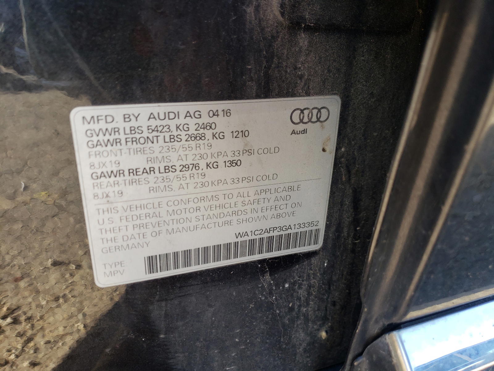 Photo 10 from auction – 2016 AUDI Q5 PREMIUM with VIN WA1C2AFP3GA133352