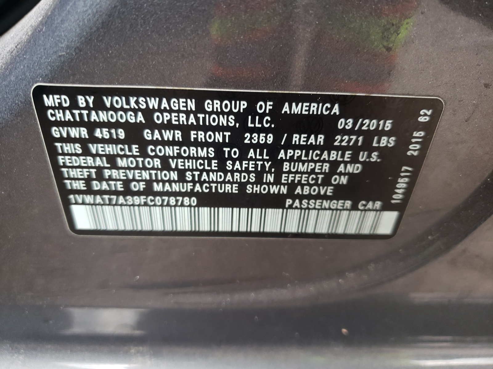 Photo 10 from auction – 2015 VOLKSWAGEN PASSAT S with VIN 1VWAT7A39FC078780