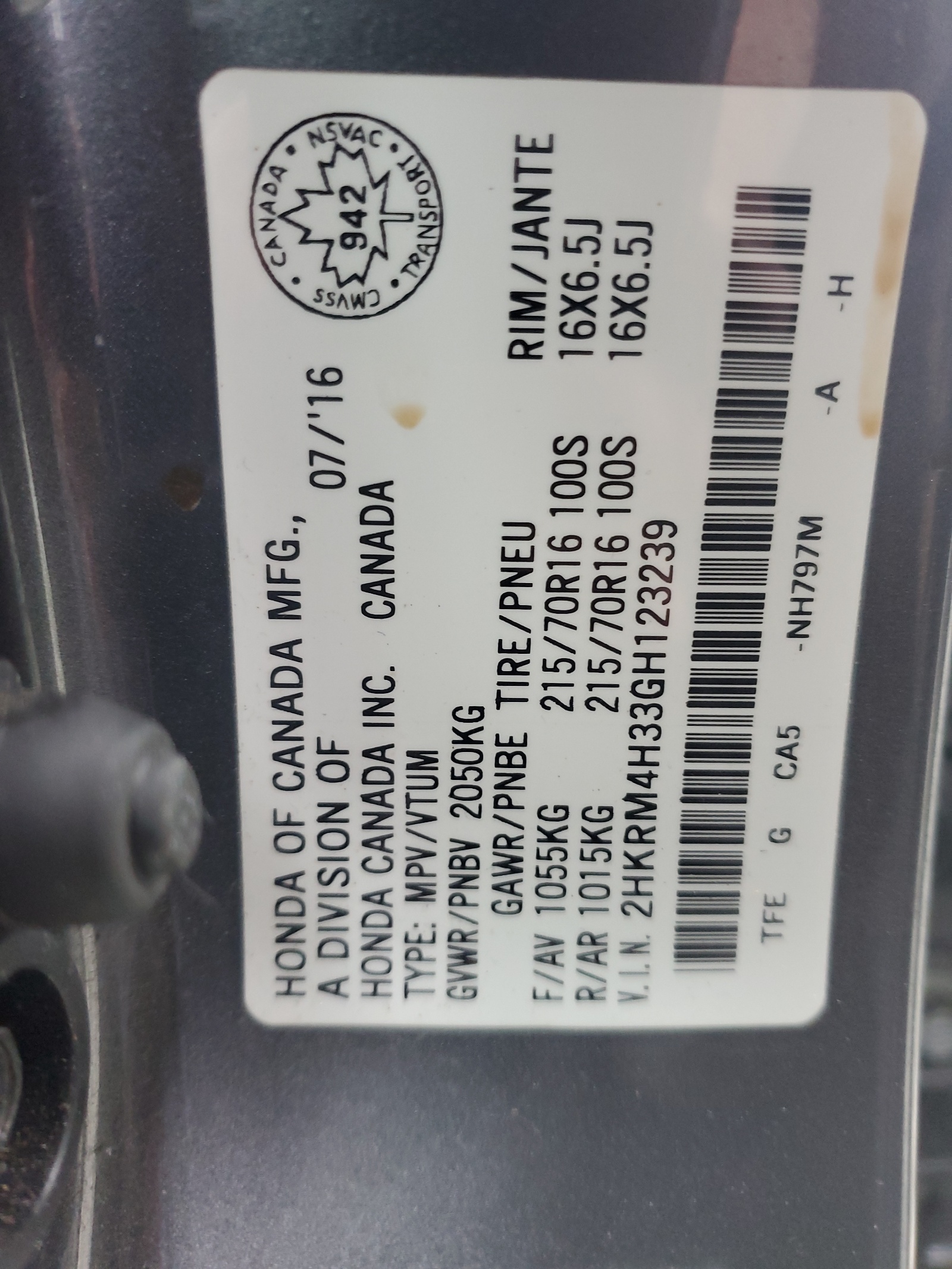 Photo 10 from auction – 2016 HONDA CR-V LX with VIN 2HKRM4H33GH123239